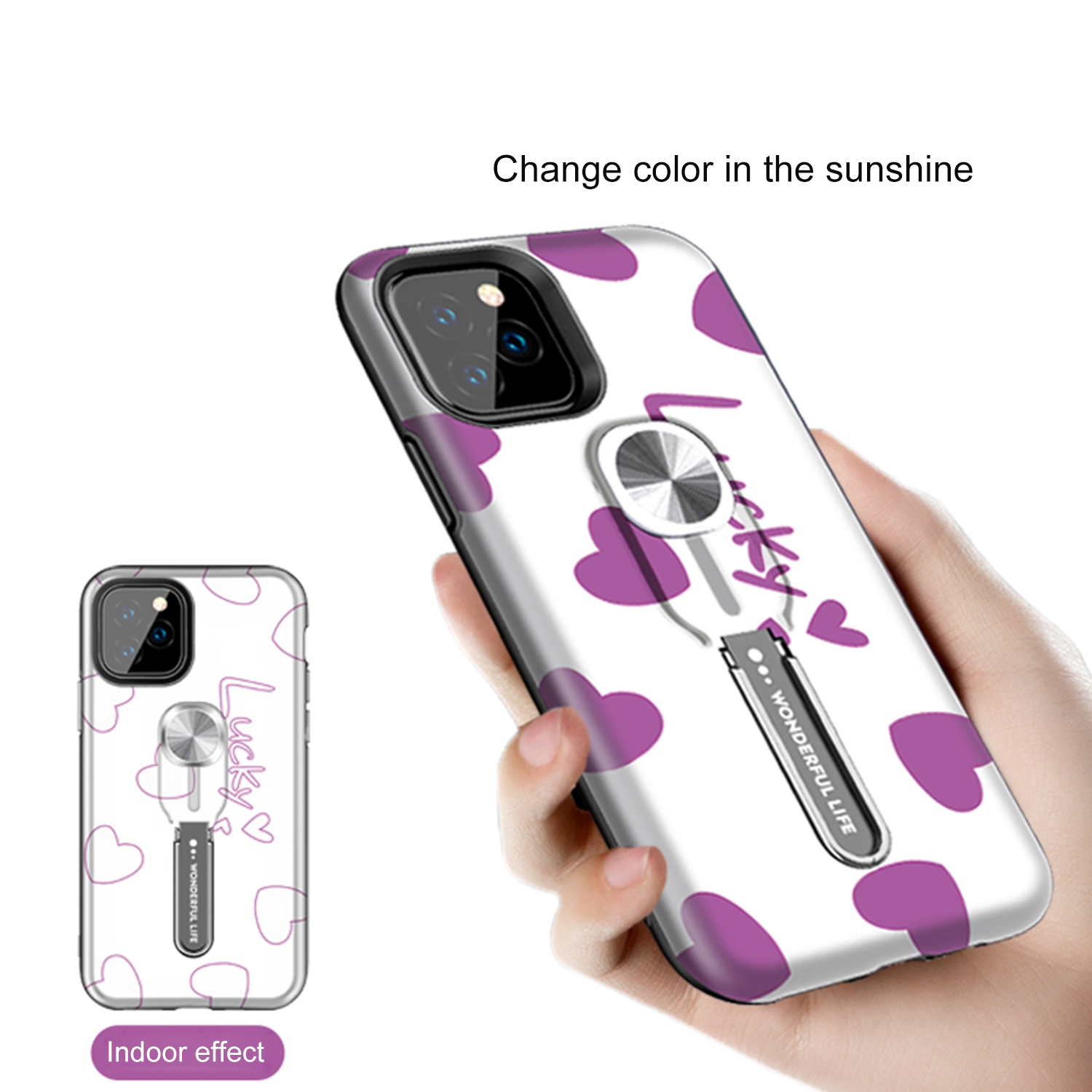 UV Light Color-changing Flower Pattern TPU+PC Phone Case with Finger Ring for iPhone 11 Pro 5.8 inch (2019) - Lucky-5