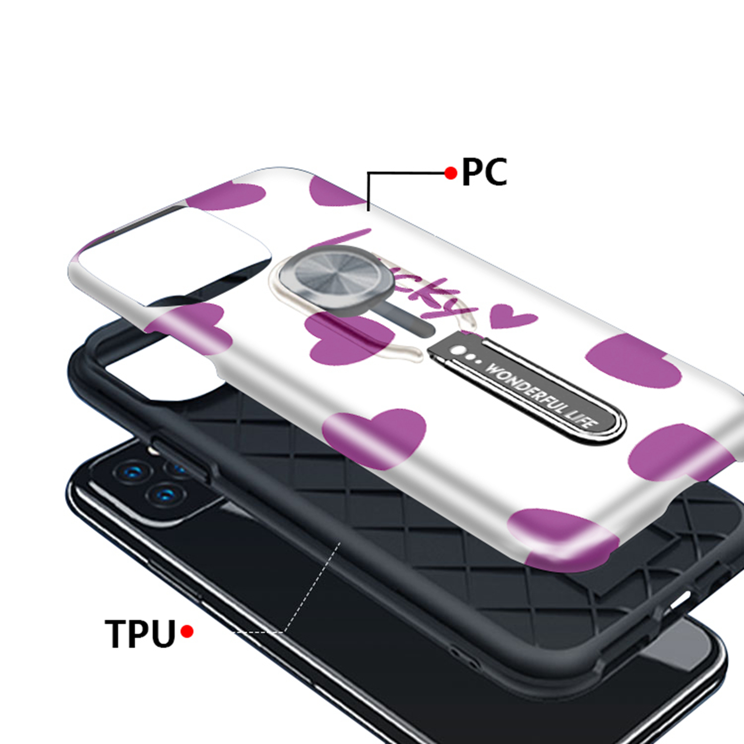 UV Light Color-changing Flower Pattern TPU+PC Phone Case with Finger Ring for iPhone 11 Pro 5.8 inch (2019) - Lucky-7
