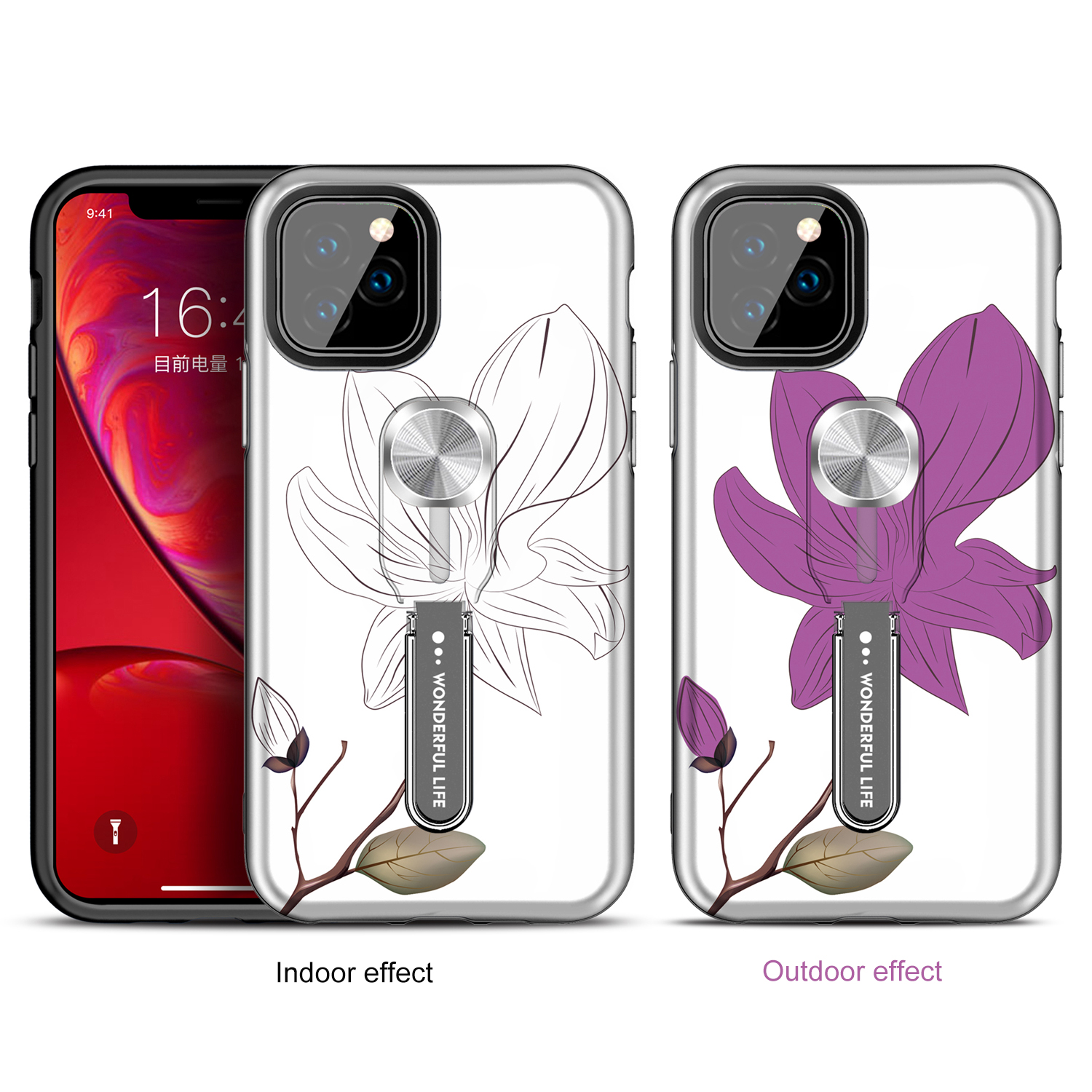 UV Light Color-changing Flower Pattern TPU+PC Phone Case with Finger Ring for iPhone 11 Pro 5.8 inch (2019) - Purple Flower-1