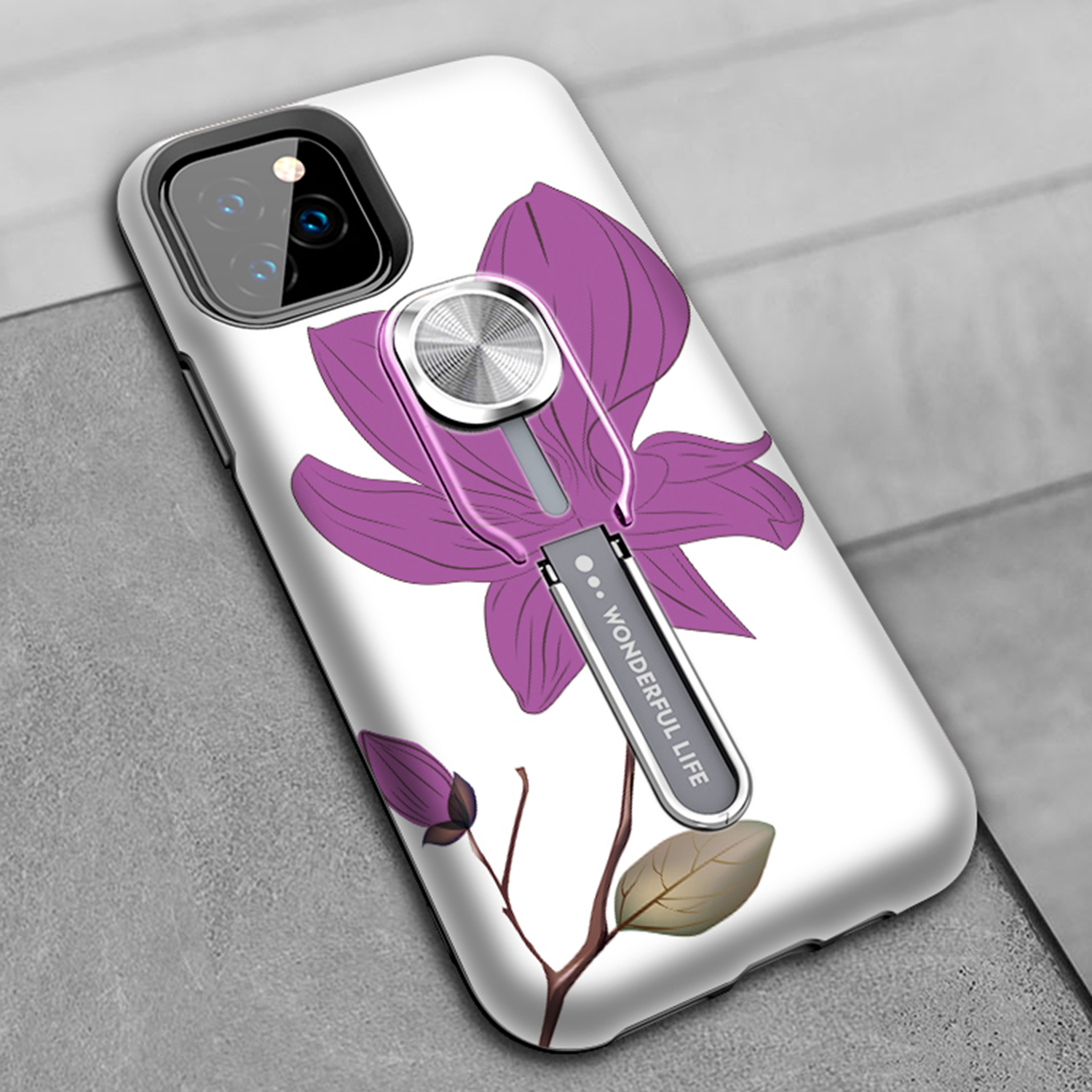 UV Light Color-changing Flower Pattern TPU+PC Phone Case with Finger Ring for iPhone 11 Pro 5.8 inch (2019) - Purple Flower-13