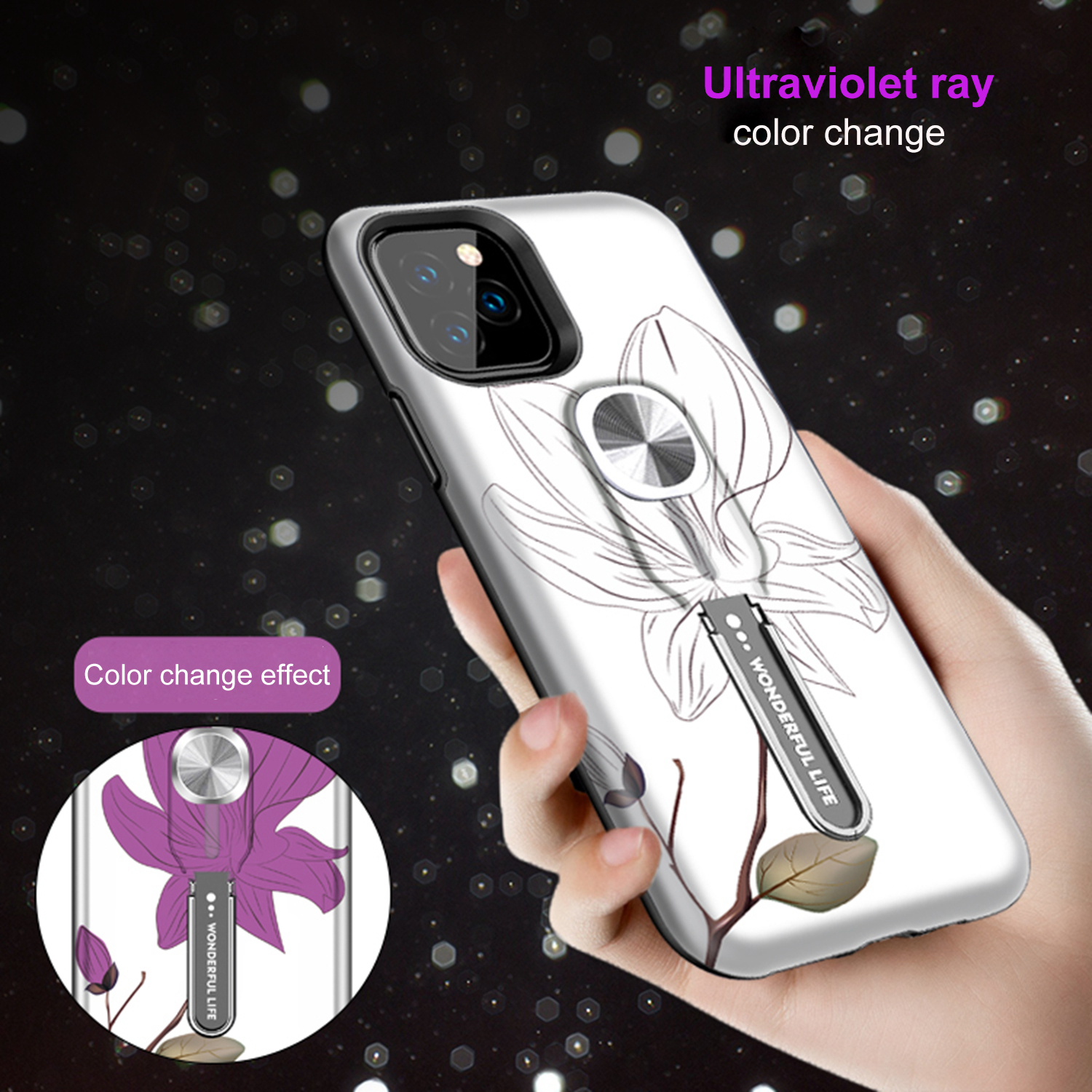 UV Light Color-changing Flower Pattern TPU+PC Phone Case with Finger Ring for iPhone 11 Pro 5.8 inch (2019) - Purple Flower-2