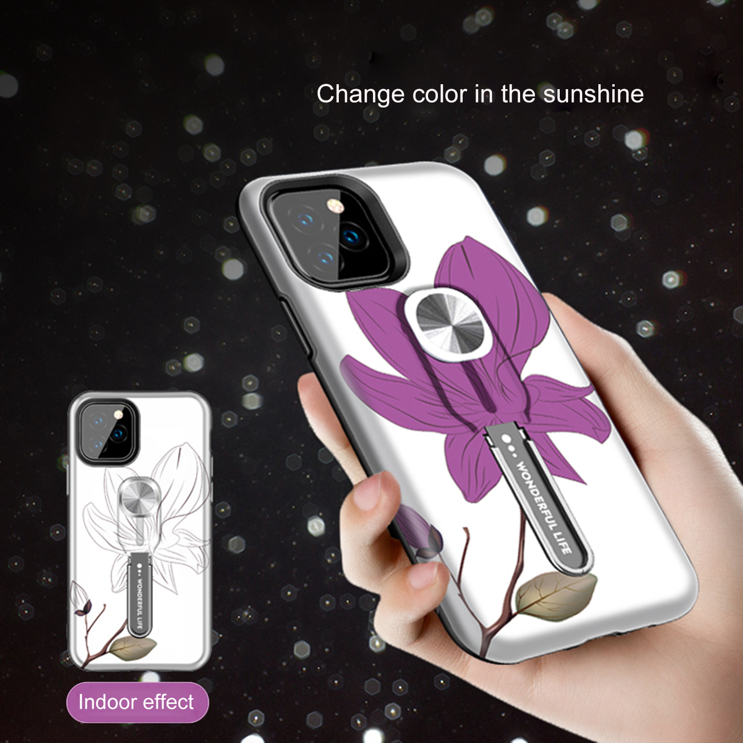 UV Light Color-changing Flower Pattern TPU+PC Phone Case with Finger Ring for iPhone 11 Pro 5.8 inch (2019) - Purple Flower-3