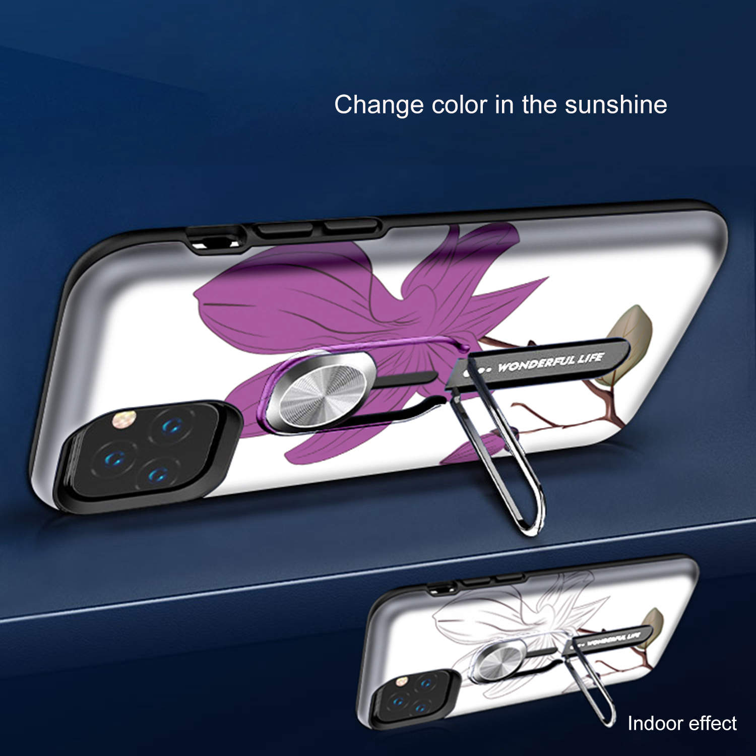 UV Light Color-changing Flower Pattern TPU+PC Phone Case with Finger Ring for iPhone 11 Pro 5.8 inch (2019) - Purple Flower-4