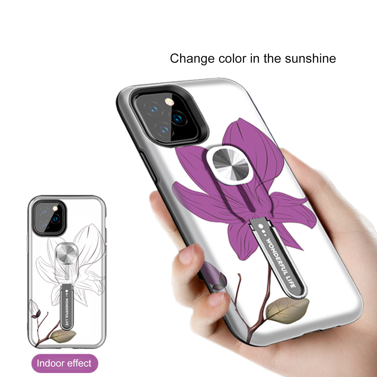 UV Light Color-changing Flower Pattern TPU+PC Phone Case with Finger Ring for iPhone 11 Pro 5.8 inch (2019) - Purple Flower-5