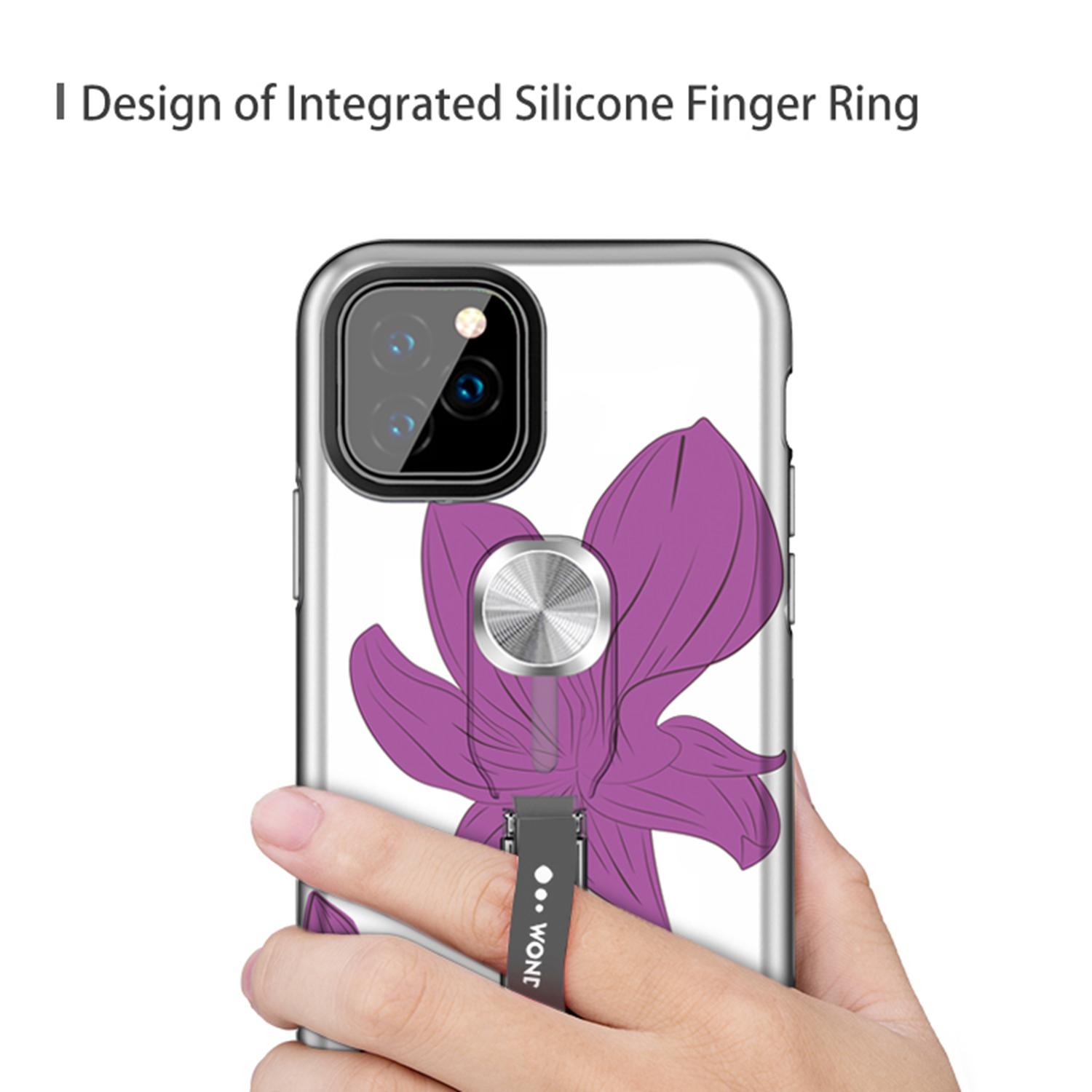 UV Light Color-changing Flower Pattern TPU+PC Phone Case with Finger Ring for iPhone 11 Pro 5.8 inch (2019) - Purple Flower-6