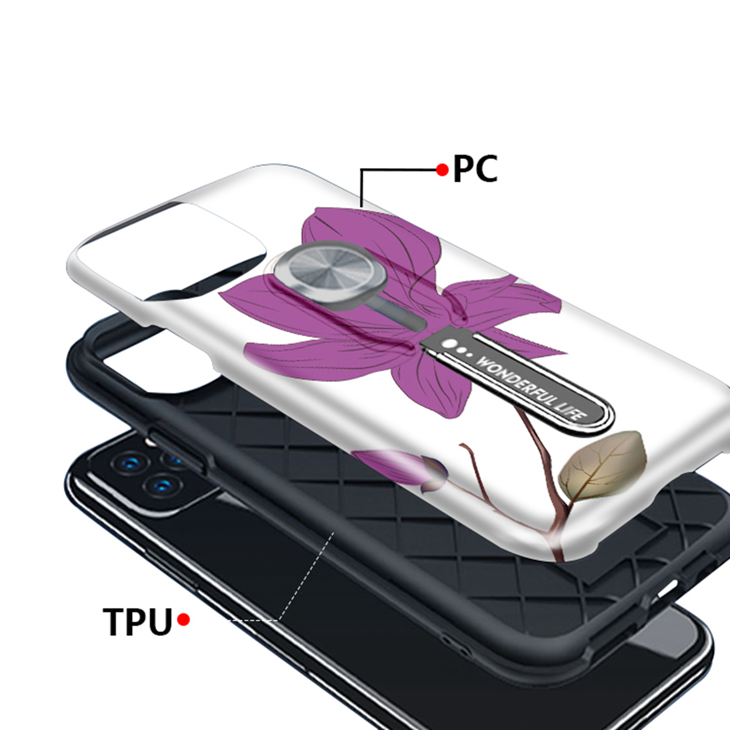 UV Light Color-changing Flower Pattern TPU+PC Phone Case with Finger Ring for iPhone 11 Pro 5.8 inch (2019) - Purple Flower-7