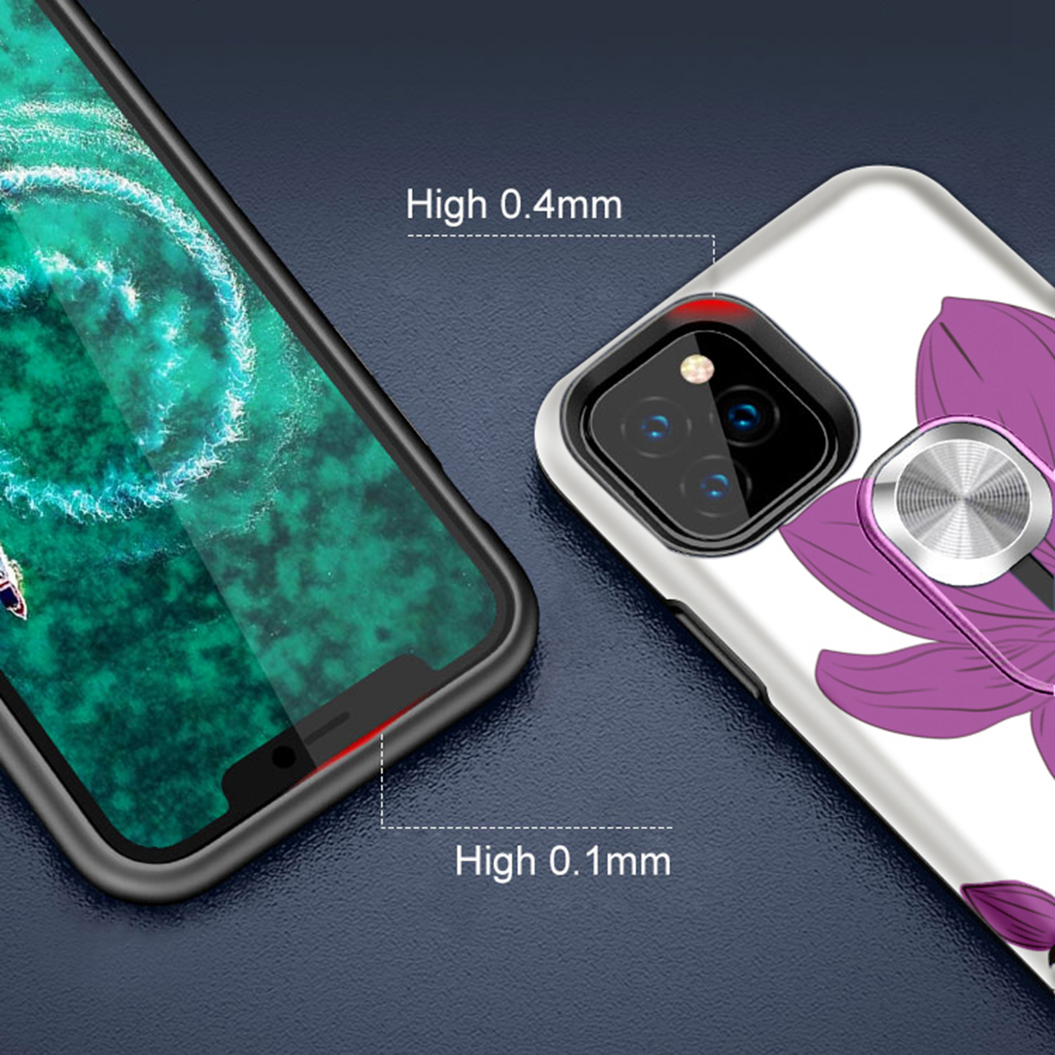 UV Light Color-changing Flower Pattern TPU+PC Phone Case with Finger Ring for iPhone 11 Pro 5.8 inch (2019) - Purple Flower-8