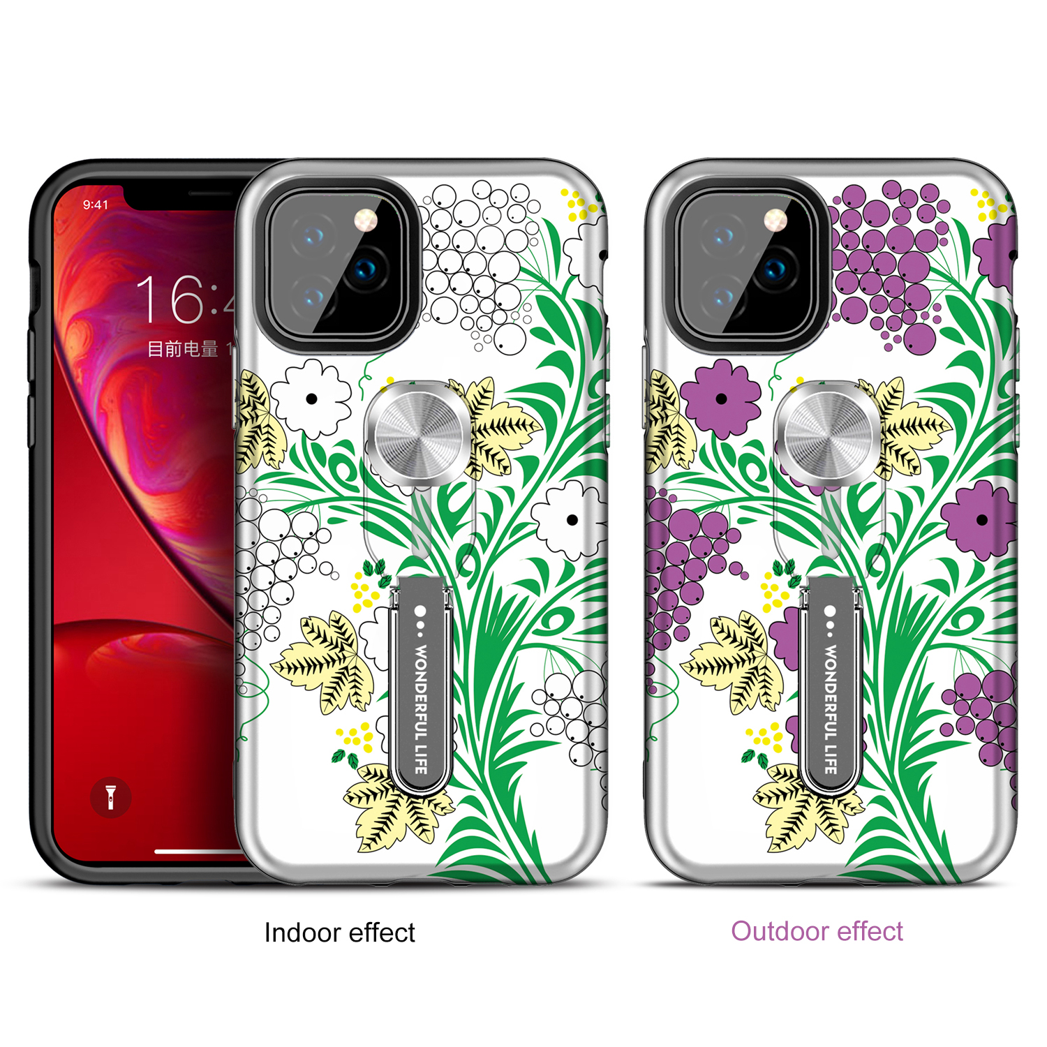UV Light Color-changing Flower Pattern TPU+PC Phone Case with Finger Ring for iPhone 11 Pro 5.8 inch (2019) - Green-1