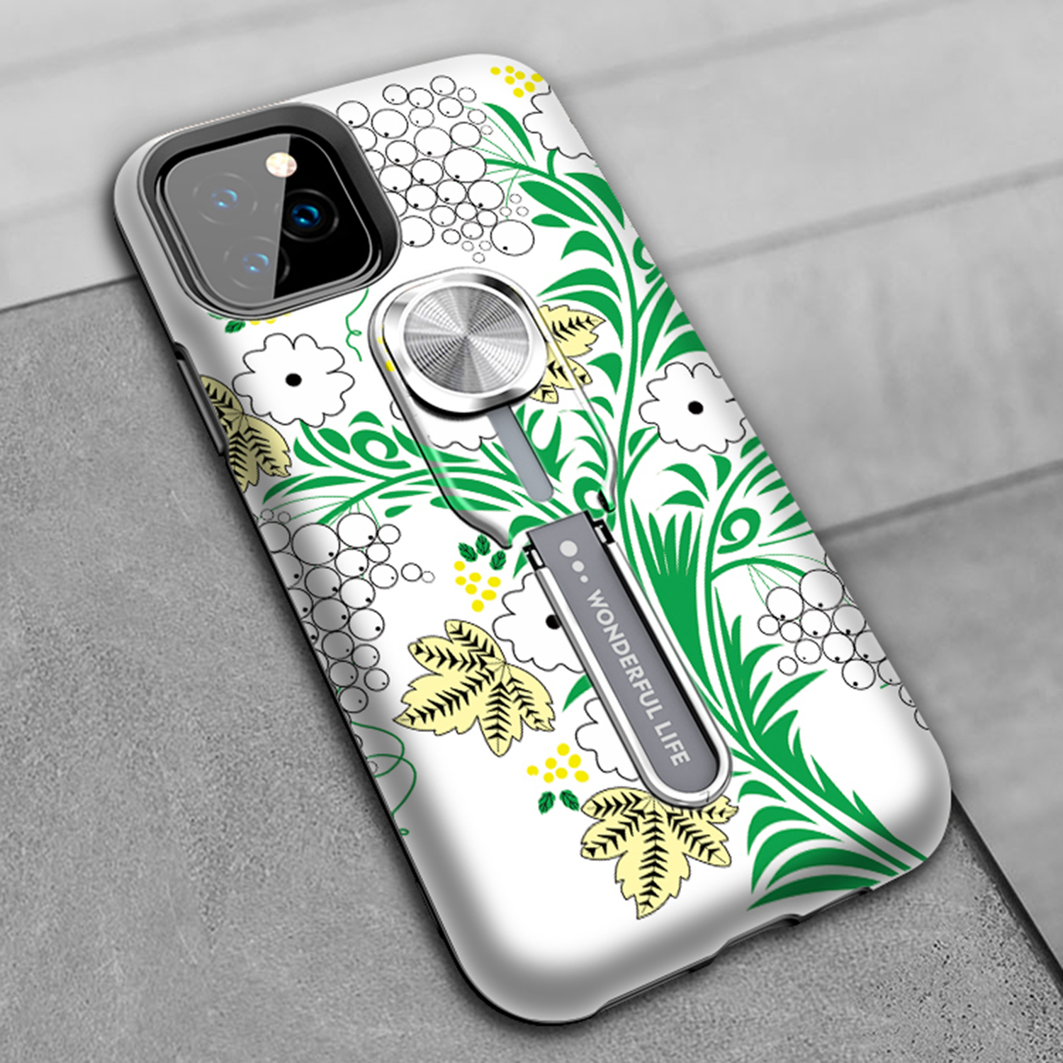 UV Light Color-changing Flower Pattern TPU+PC Phone Case with Finger Ring for iPhone 11 Pro 5.8 inch (2019) - Green-13
