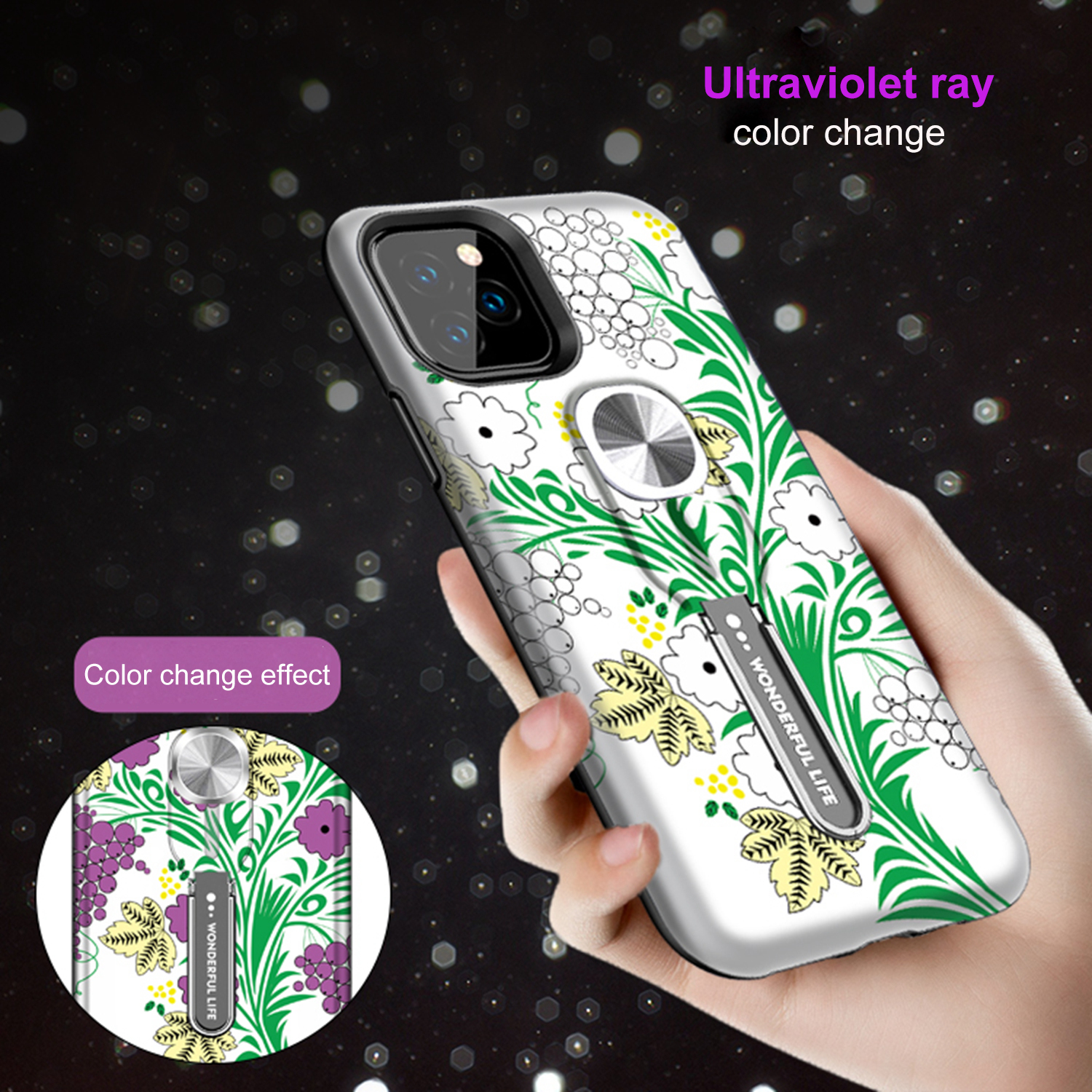 UV Light Color-changing Flower Pattern TPU+PC Phone Case with Finger Ring for iPhone 11 Pro 5.8 inch (2019) - Green-2