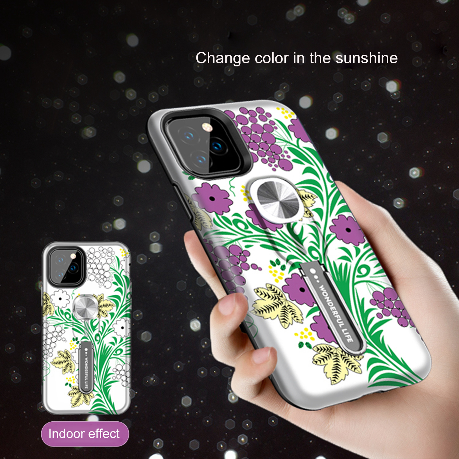UV Light Color-changing Flower Pattern TPU+PC Phone Case with Finger Ring for iPhone 11 Pro 5.8 inch (2019) - Green-3