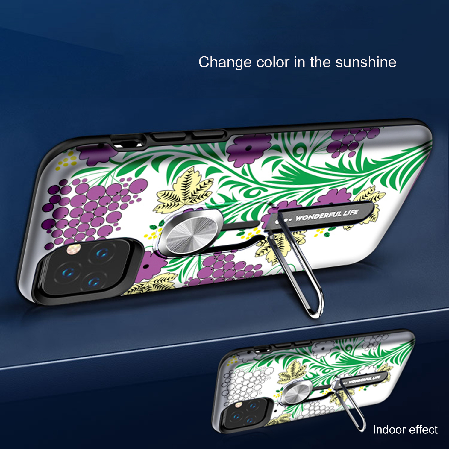 UV Light Color-changing Flower Pattern TPU+PC Phone Case with Finger Ring for iPhone 11 Pro 5.8 inch (2019) - Green-4