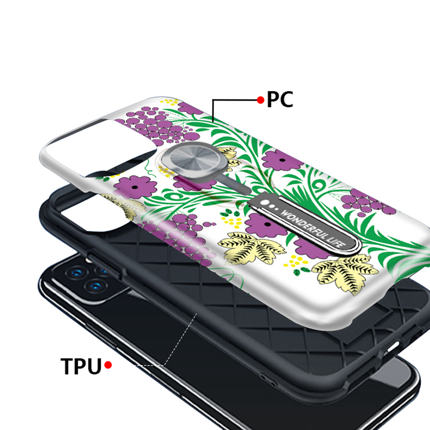 UV Light Color-changing Flower Pattern TPU+PC Phone Case with Finger Ring for iPhone 11 Pro 5.8 inch (2019) - Green-7