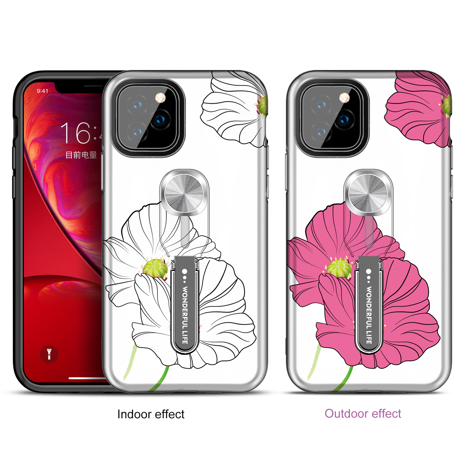 Color-changing Flower Pattern Phone Case with Finger Ring for iPhone (2019) 6.1-inch - Red Flower-1