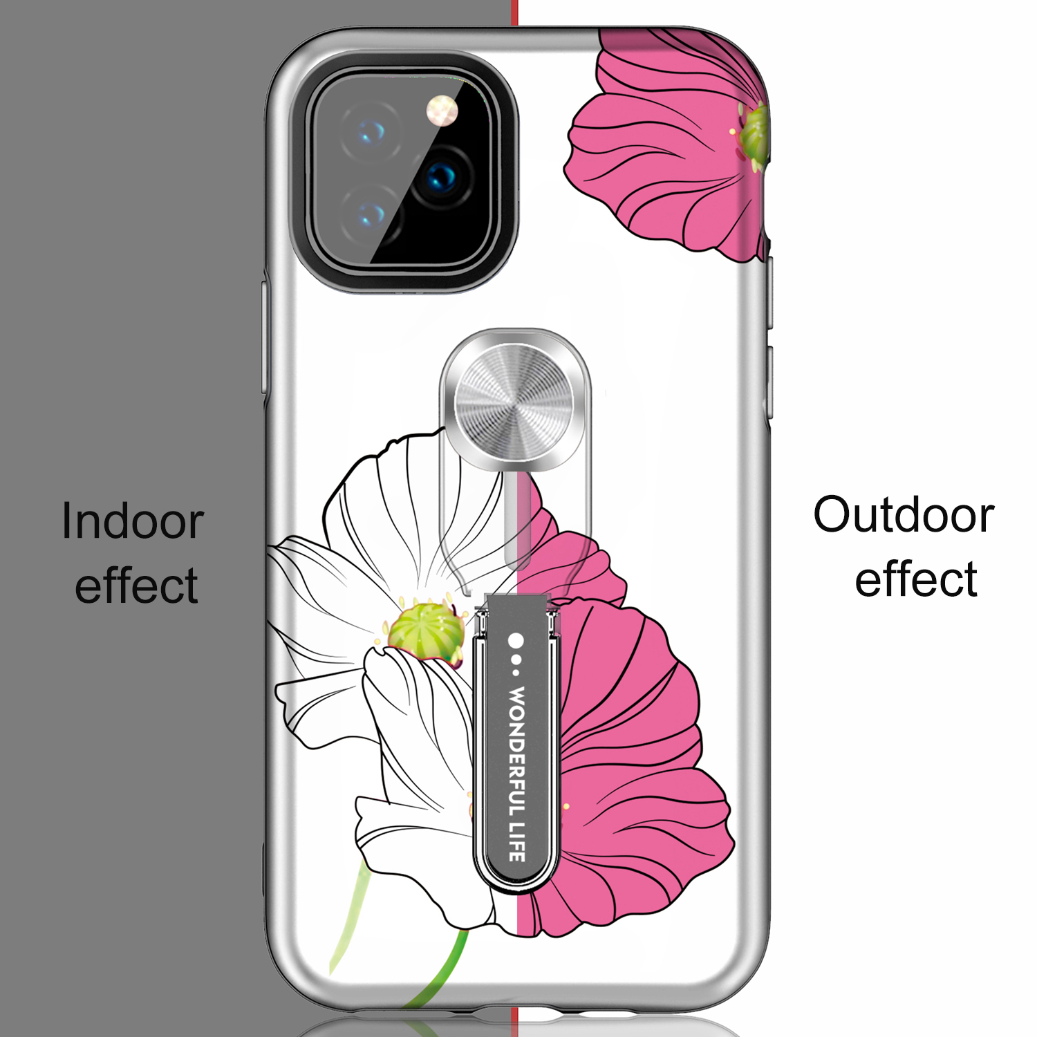 Color-changing Flower Pattern Phone Case with Finger Ring for iPhone (2019) 6.1-inch - Red Flower-11