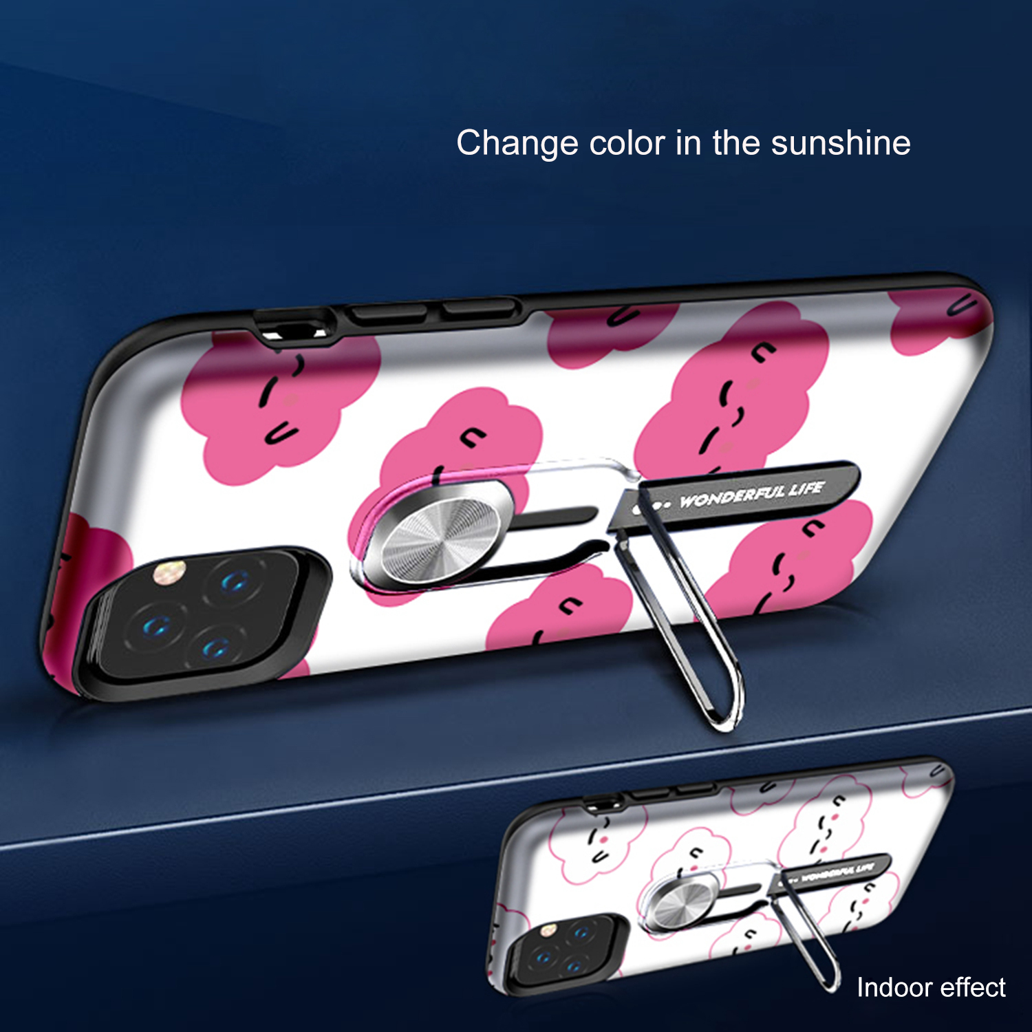 UV Light Color-changing Flower Pattern TPU+PC Phone Case with Finger Ring for iPhone 11 6.1 inch (2019) - Cloud-4