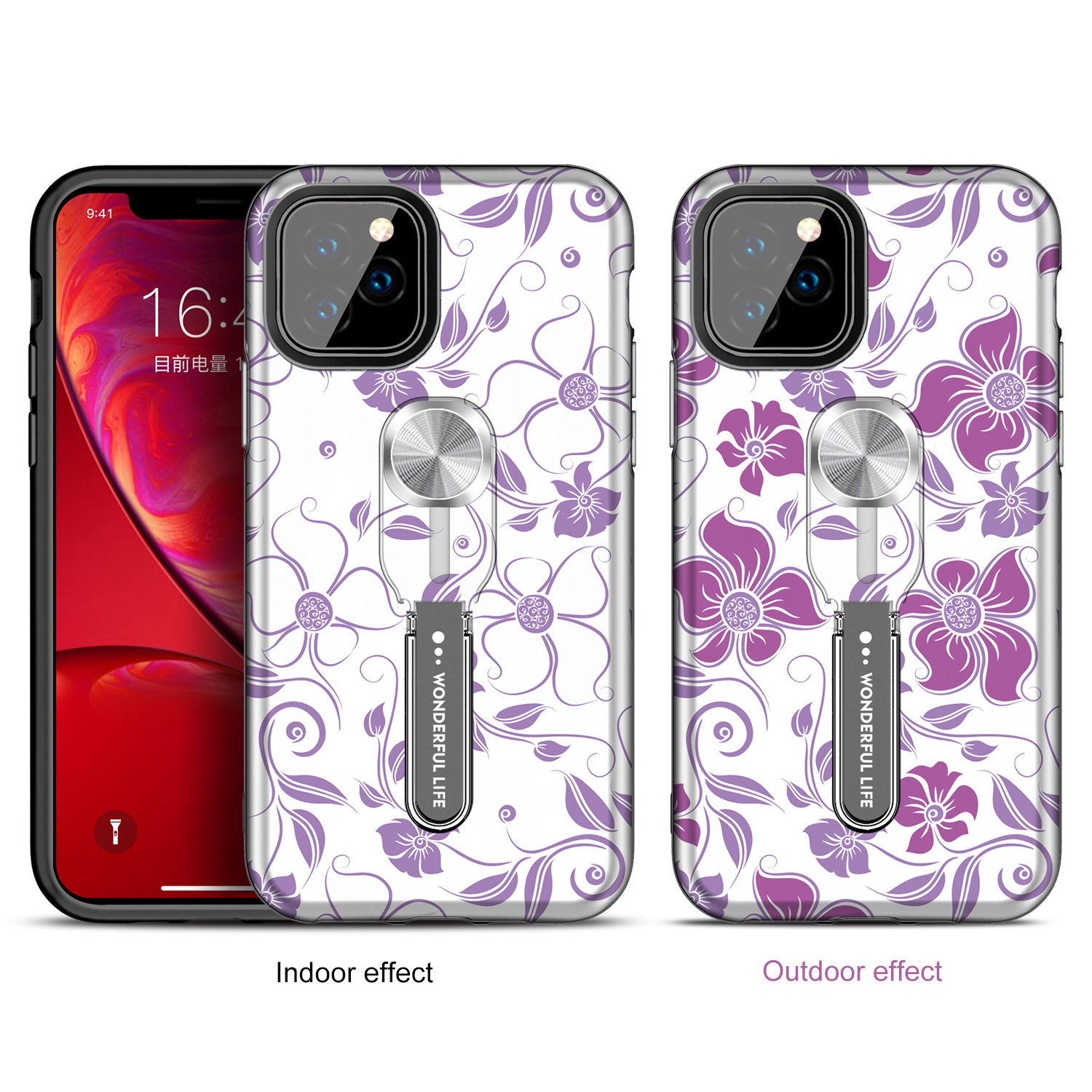 UV Light Color-changing Flower Pattern TPU+PC Phone Case with Finger Ring for iPhone 11 6.1 inch (2019) - Purple Flower Vine-1