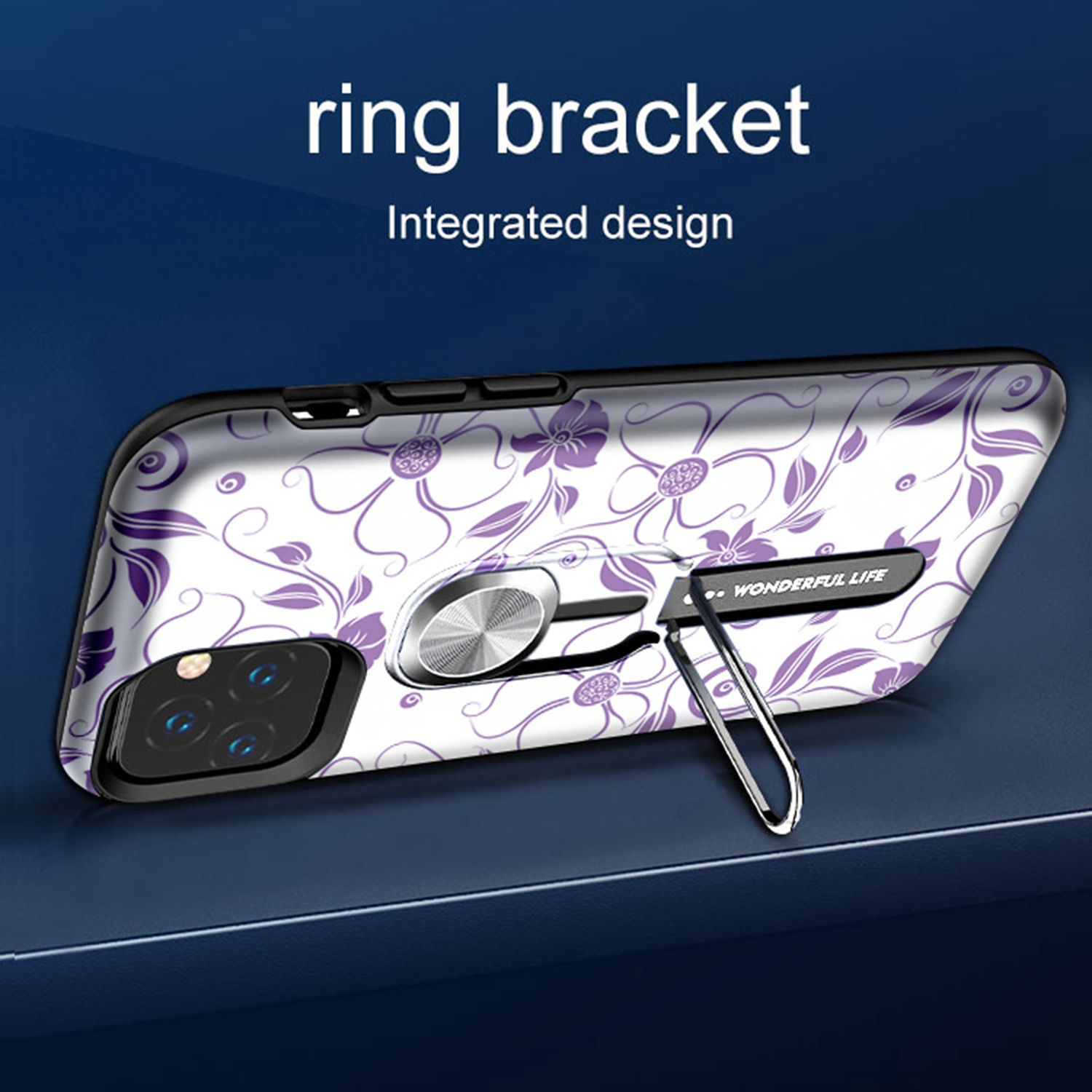 UV Light Color-changing Flower Pattern TPU+PC Phone Case with Finger Ring for iPhone 11 6.1 inch (2019) - Purple Flower Vine-10