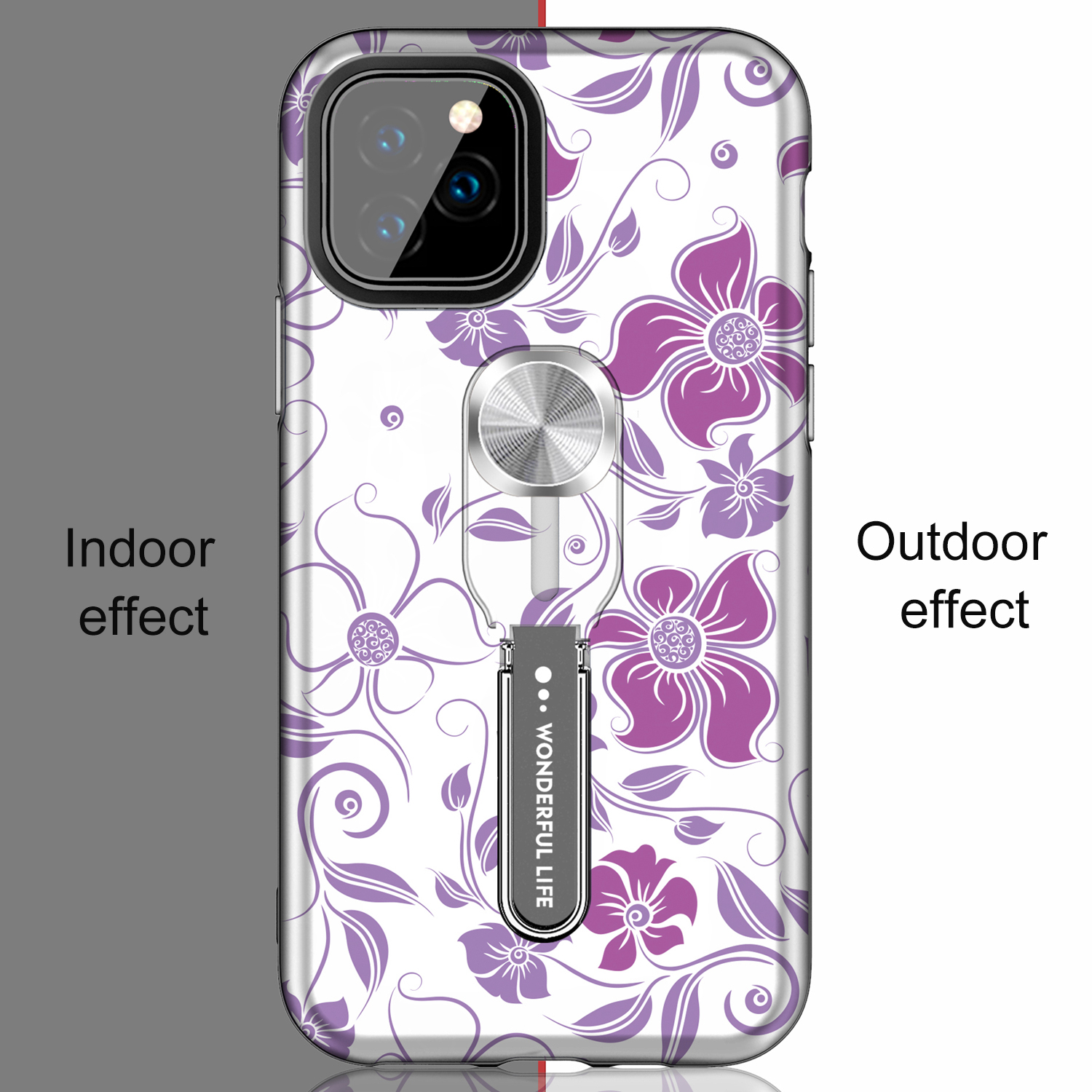 UV Light Color-changing Flower Pattern TPU+PC Phone Case with Finger Ring for iPhone 11 6.1 inch (2019) - Purple Flower Vine-11