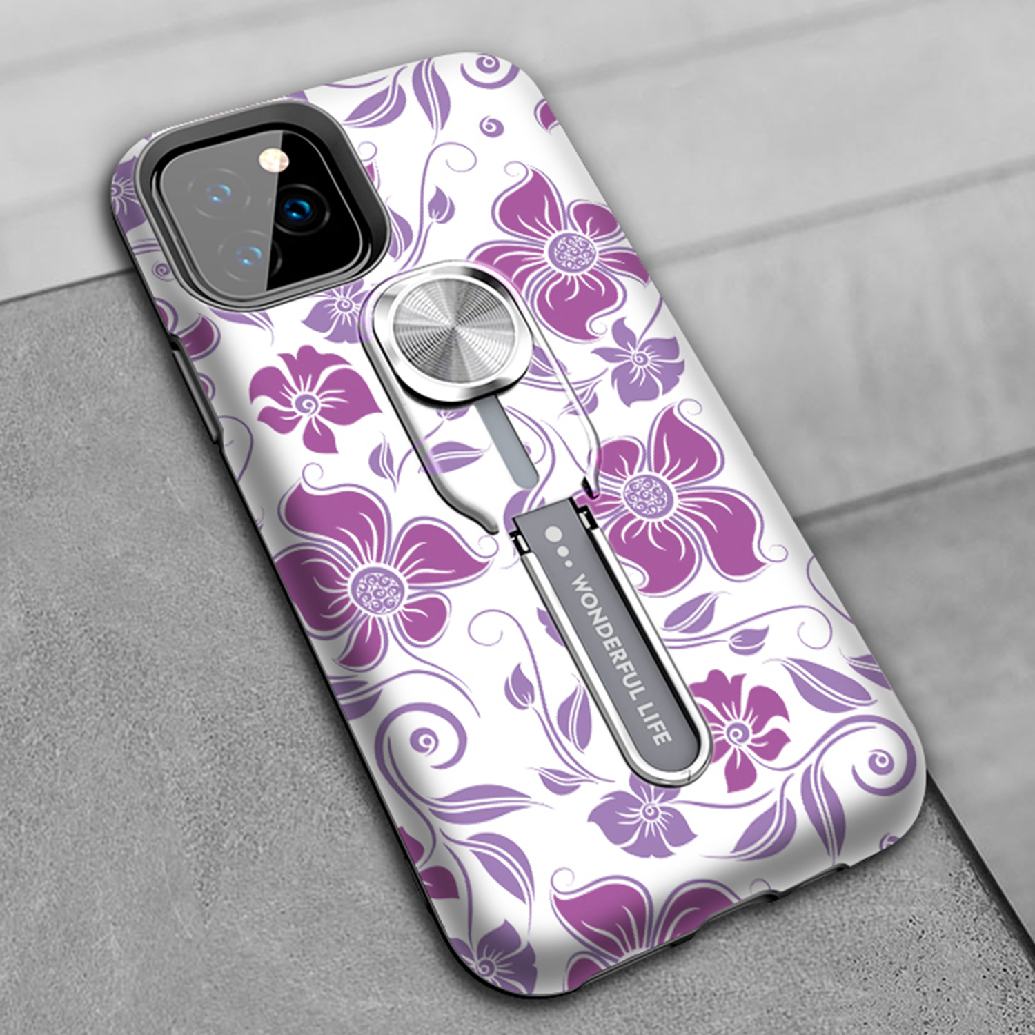 UV Light Color-changing Flower Pattern TPU+PC Phone Case with Finger Ring for iPhone 11 6.1 inch (2019) - Purple Flower Vine-12