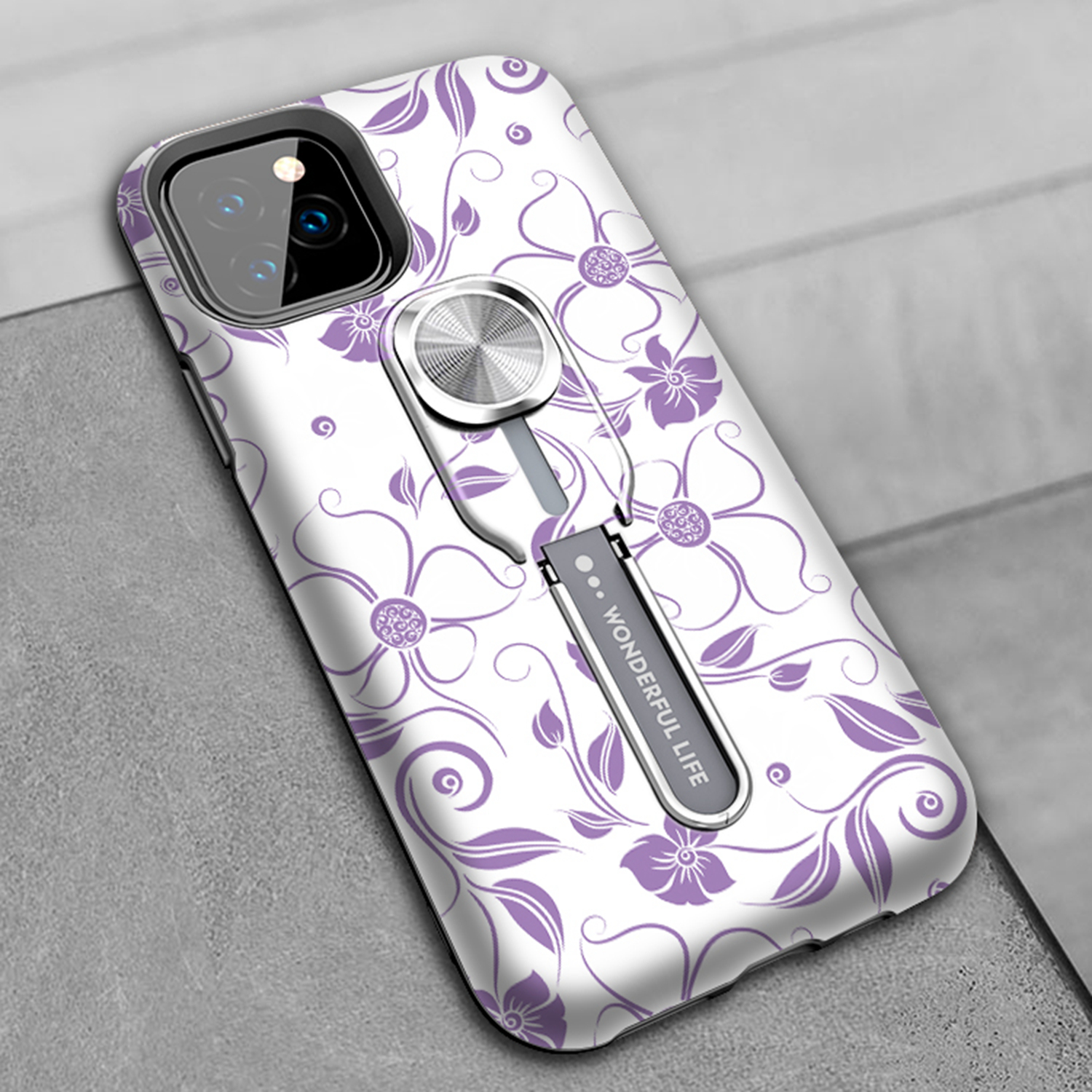 UV Light Color-changing Flower Pattern TPU+PC Phone Case with Finger Ring for iPhone 11 6.1 inch (2019) - Purple Flower Vine-13