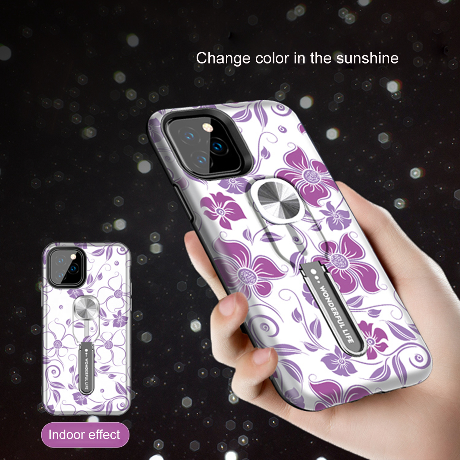 UV Light Color-changing Flower Pattern TPU+PC Phone Case with Finger Ring for iPhone 11 6.1 inch (2019) - Purple Flower Vine-3