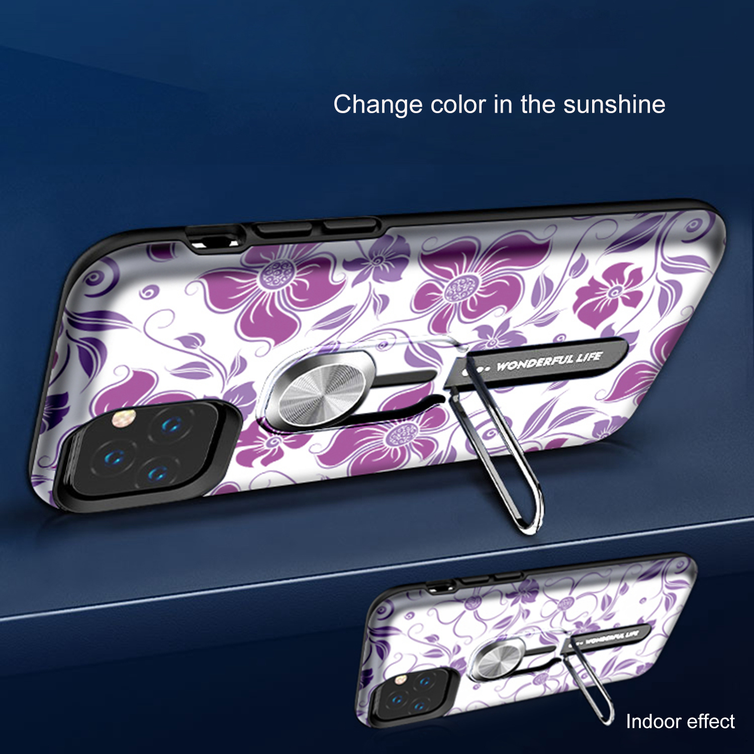 UV Light Color-changing Flower Pattern TPU+PC Phone Case with Finger Ring for iPhone 11 6.1 inch (2019) - Purple Flower Vine-4