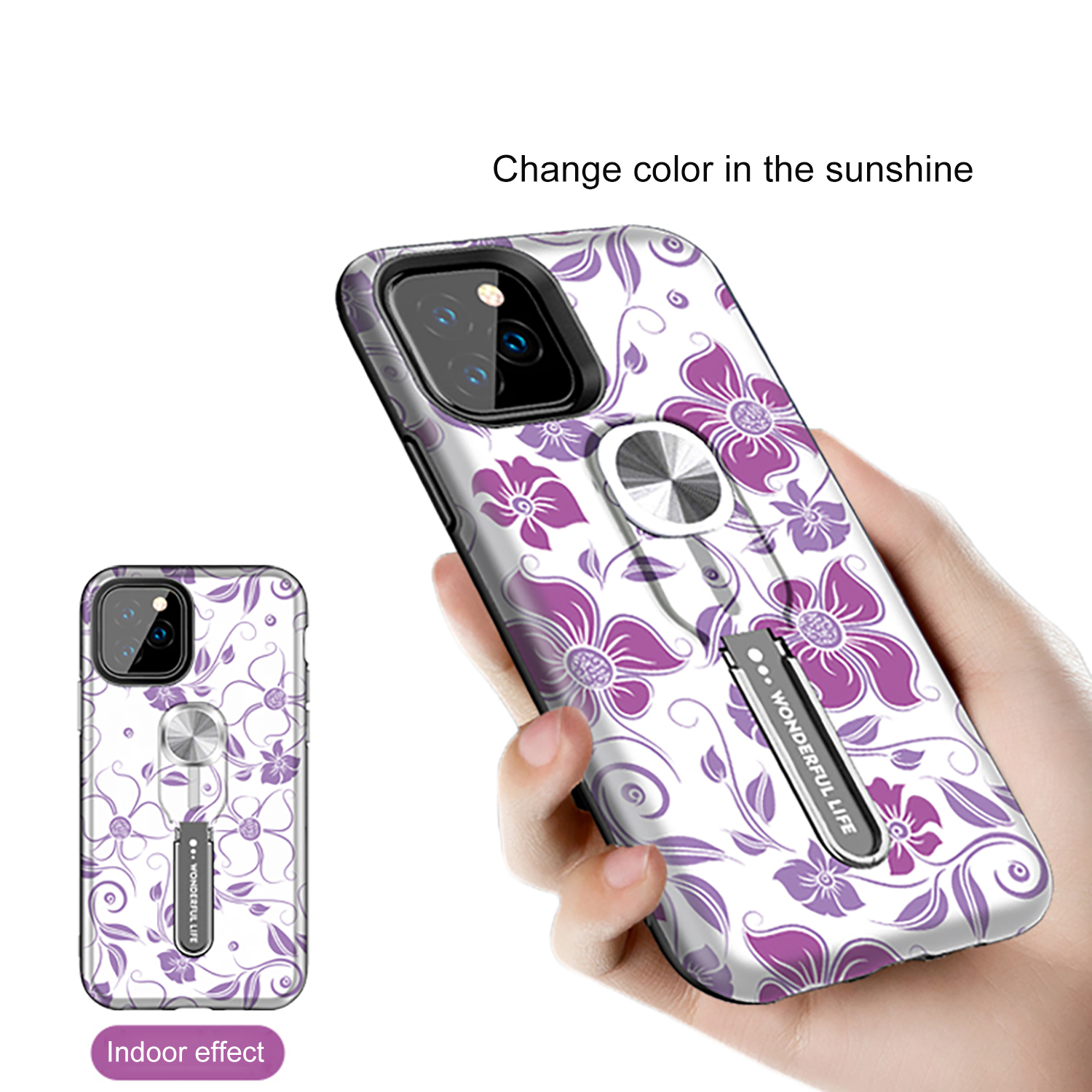 UV Light Color-changing Flower Pattern TPU+PC Phone Case with Finger Ring for iPhone 11 6.1 inch (2019) - Purple Flower Vine-5