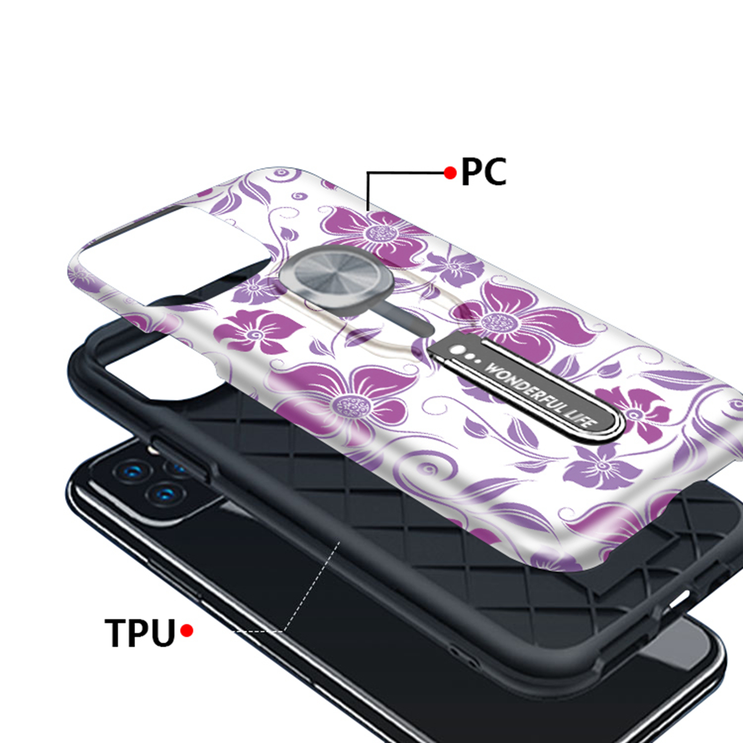 UV Light Color-changing Flower Pattern TPU+PC Phone Case with Finger Ring for iPhone 11 6.1 inch (2019) - Purple Flower Vine-7