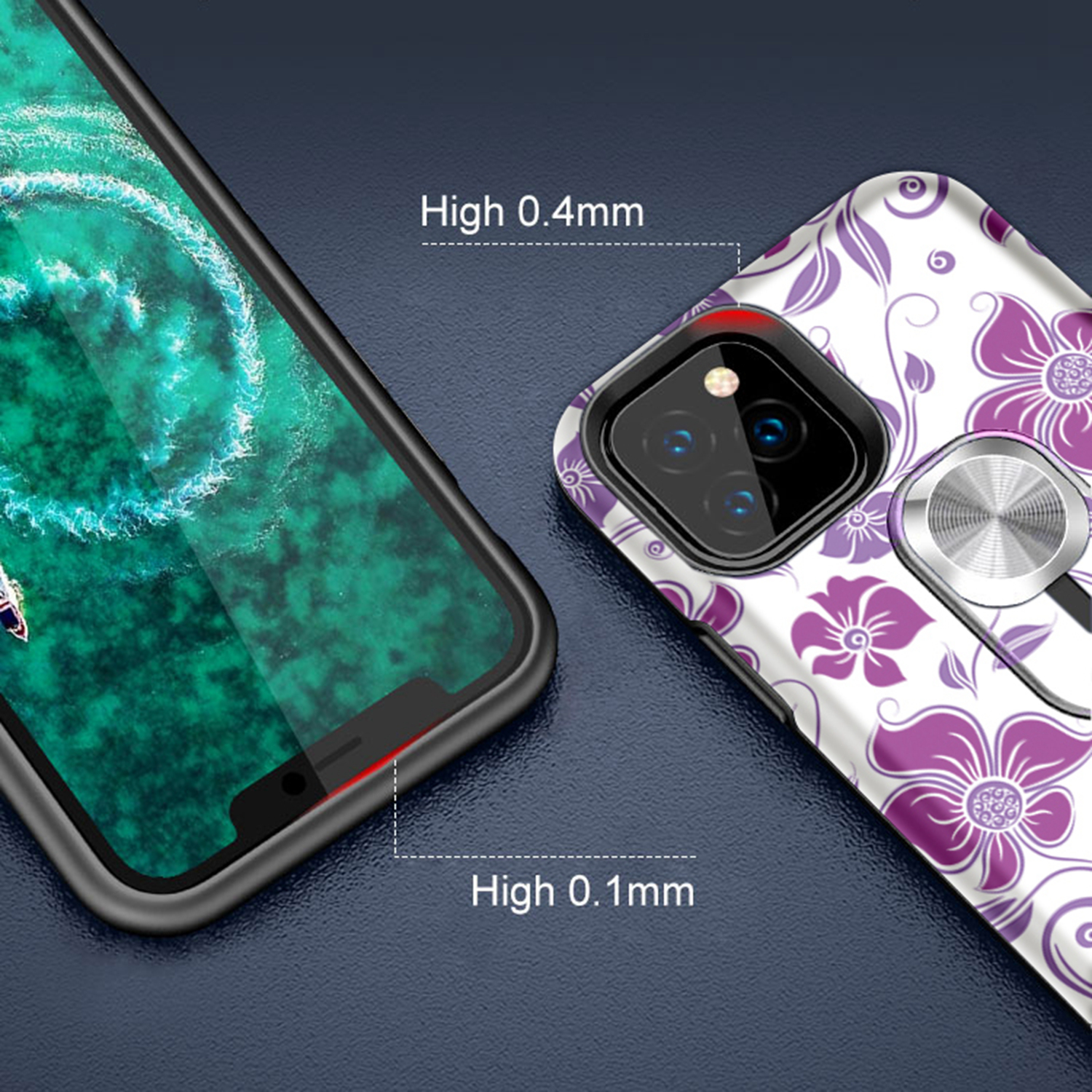 UV Light Color-changing Flower Pattern TPU+PC Phone Case with Finger Ring for iPhone 11 6.1 inch (2019) - Purple Flower Vine-8