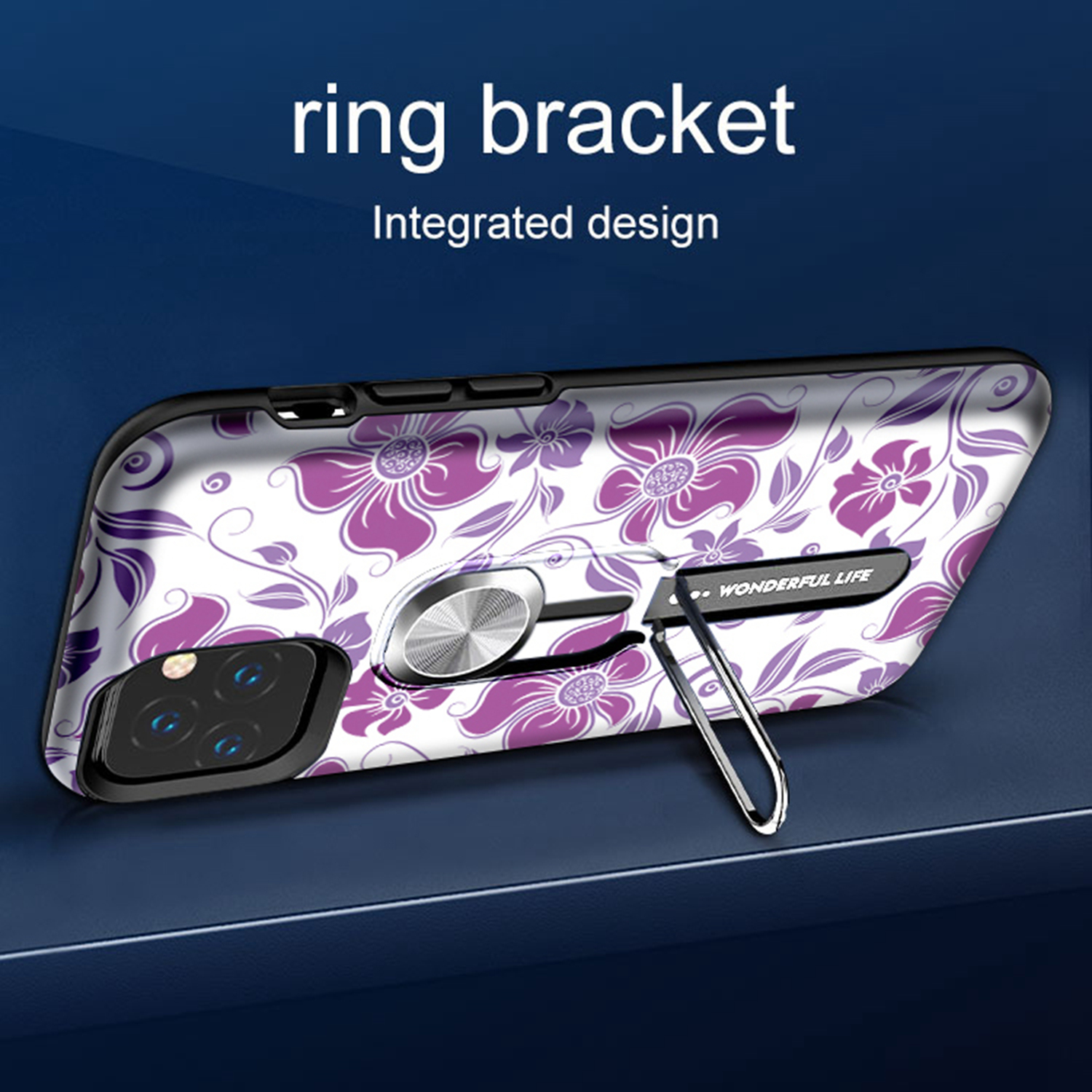 UV Light Color-changing Flower Pattern TPU+PC Phone Case with Finger Ring for iPhone 11 6.1 inch (2019) - Purple Flower Vine-9