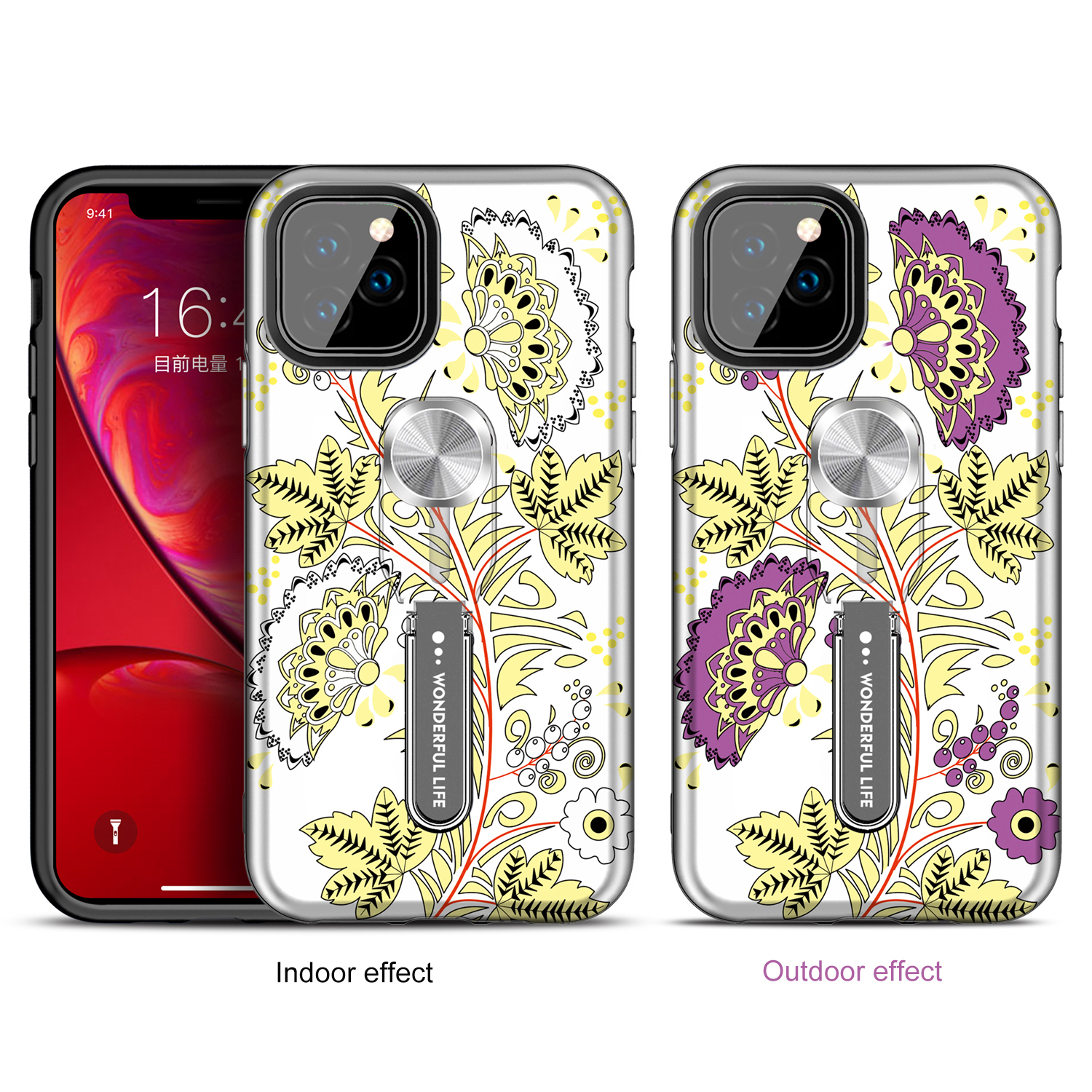 UV Light Color-changing Flower Pattern TPU+PC Phone Case with Finger Ring for iPhone 11 6.1 inch (2019) - Yellow-1
