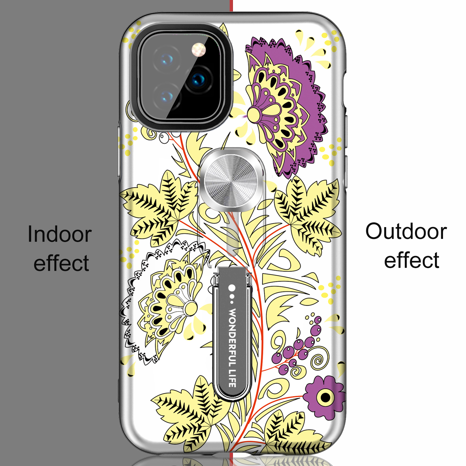 UV Light Color-changing Flower Pattern TPU+PC Phone Case with Finger Ring for iPhone 11 6.1 inch (2019) - Yellow-11