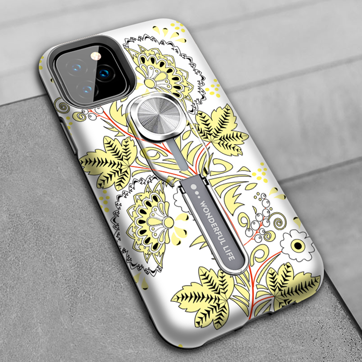 UV Light Color-changing Flower Pattern TPU+PC Phone Case with Finger Ring for iPhone 11 6.1 inch (2019) - Yellow-12