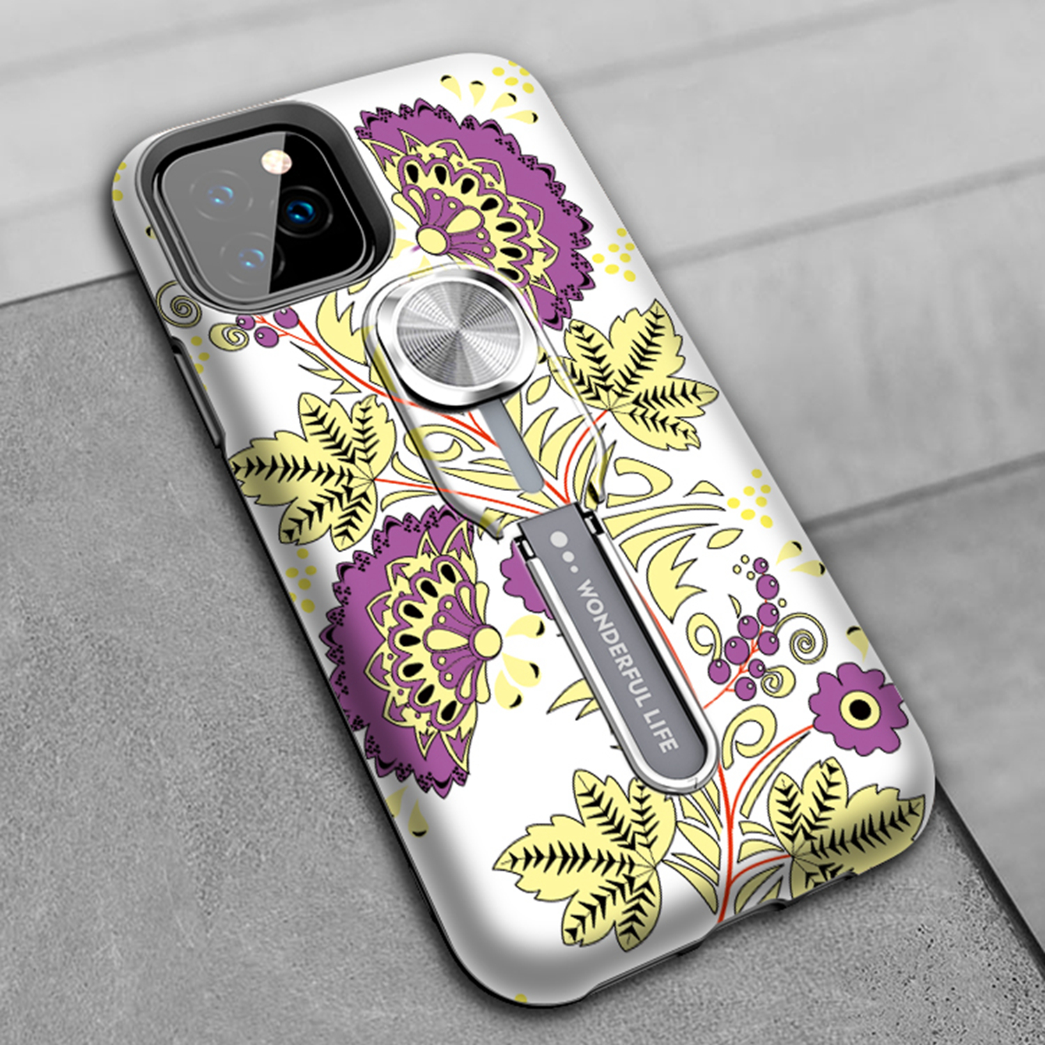 UV Light Color-changing Flower Pattern TPU+PC Phone Case with Finger Ring for iPhone 11 6.1 inch (2019) - Yellow-13