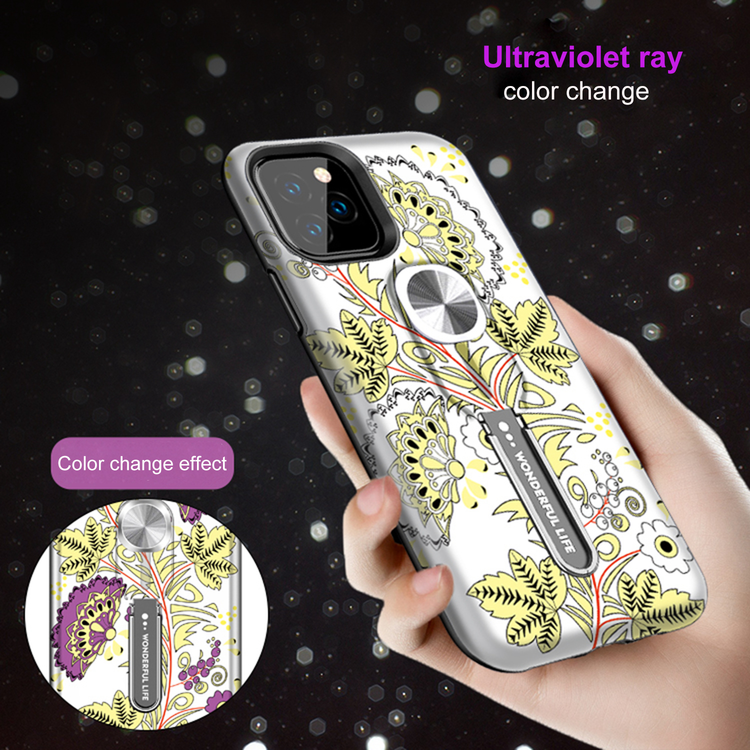 UV Light Color-changing Flower Pattern TPU+PC Phone Case with Finger Ring for iPhone 11 6.1 inch (2019) - Yellow-2