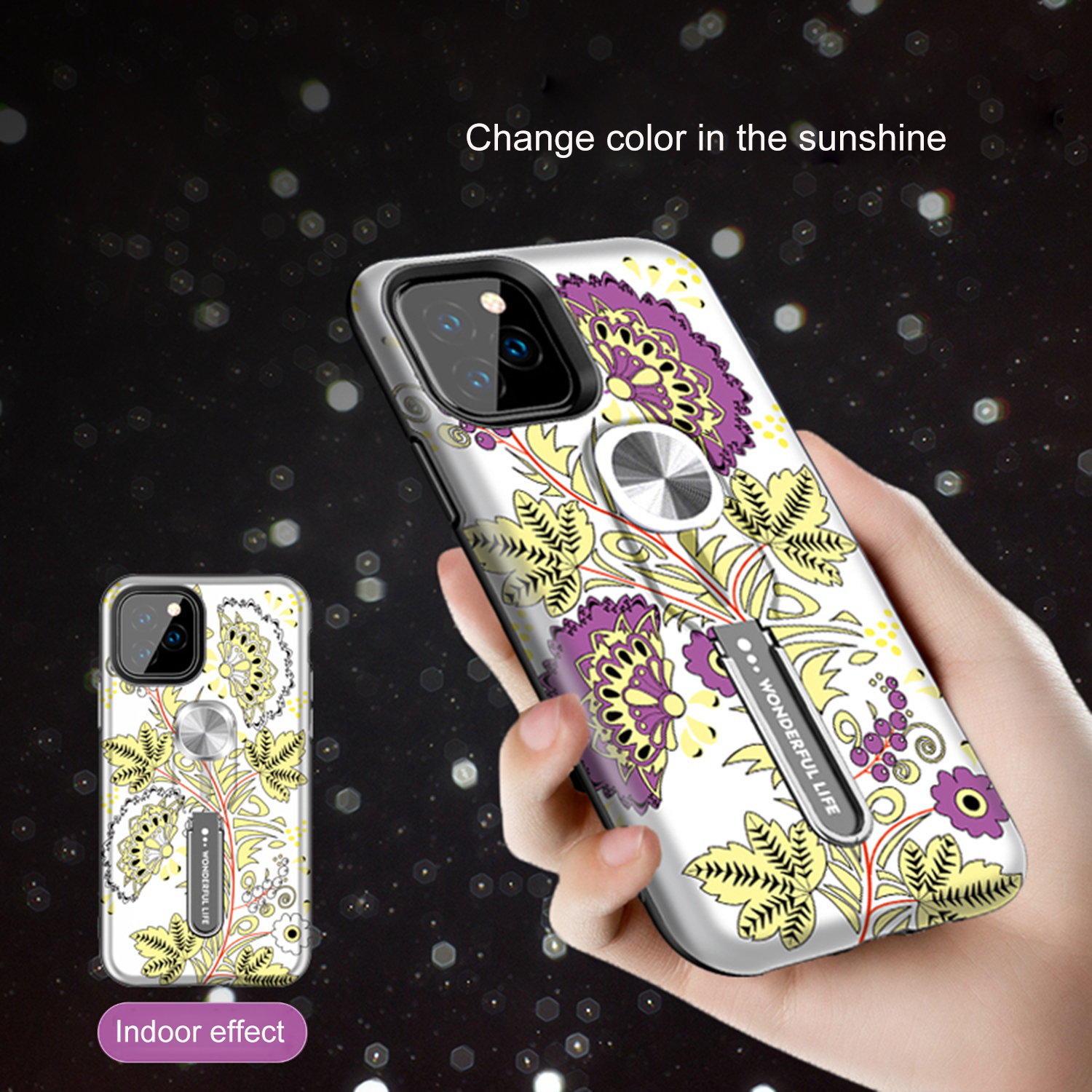 UV Light Color-changing Flower Pattern TPU+PC Phone Case with Finger Ring for iPhone 11 6.1 inch (2019) - Yellow-3