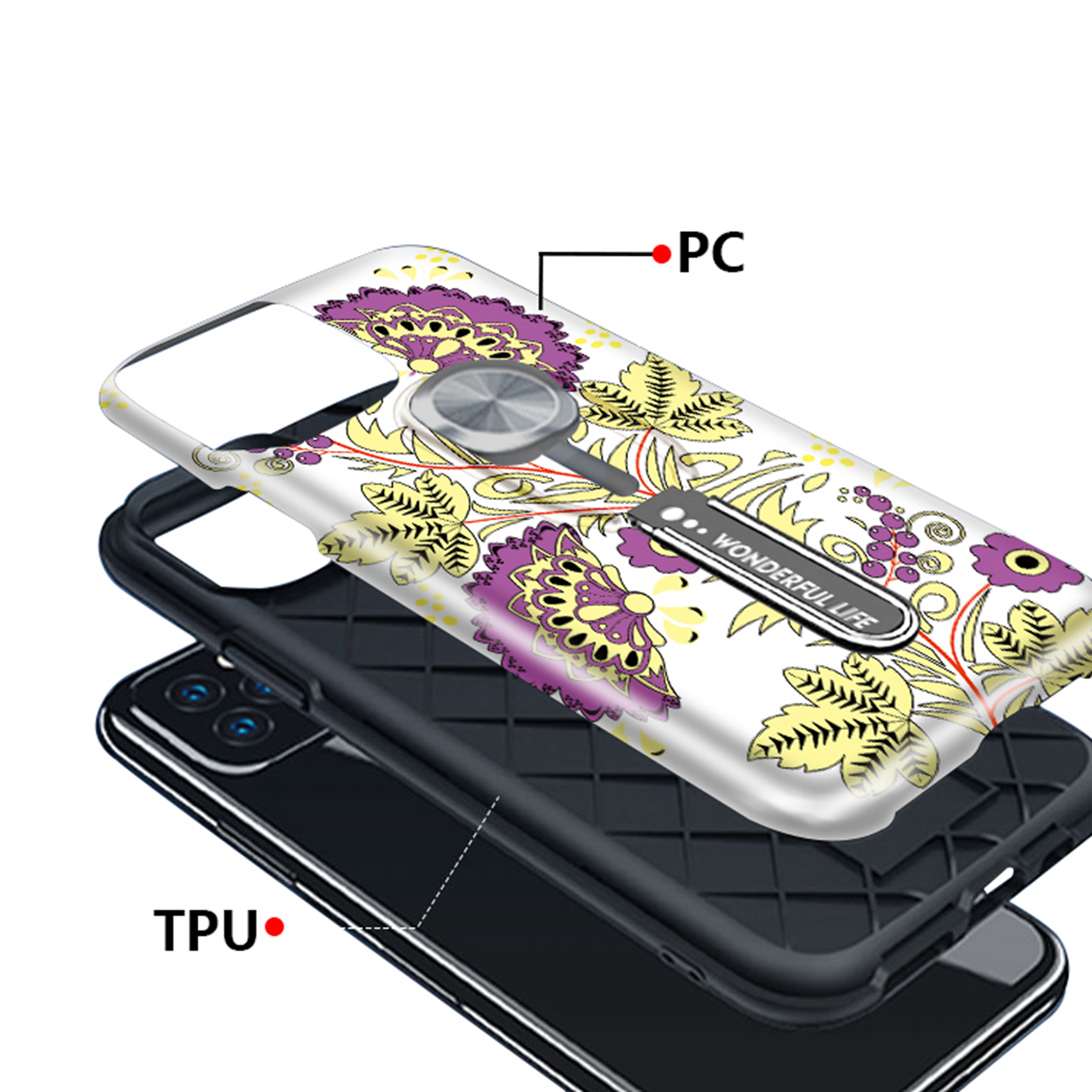 UV Light Color-changing Flower Pattern TPU+PC Phone Case with Finger Ring for iPhone 11 6.1 inch (2019) - Yellow-7