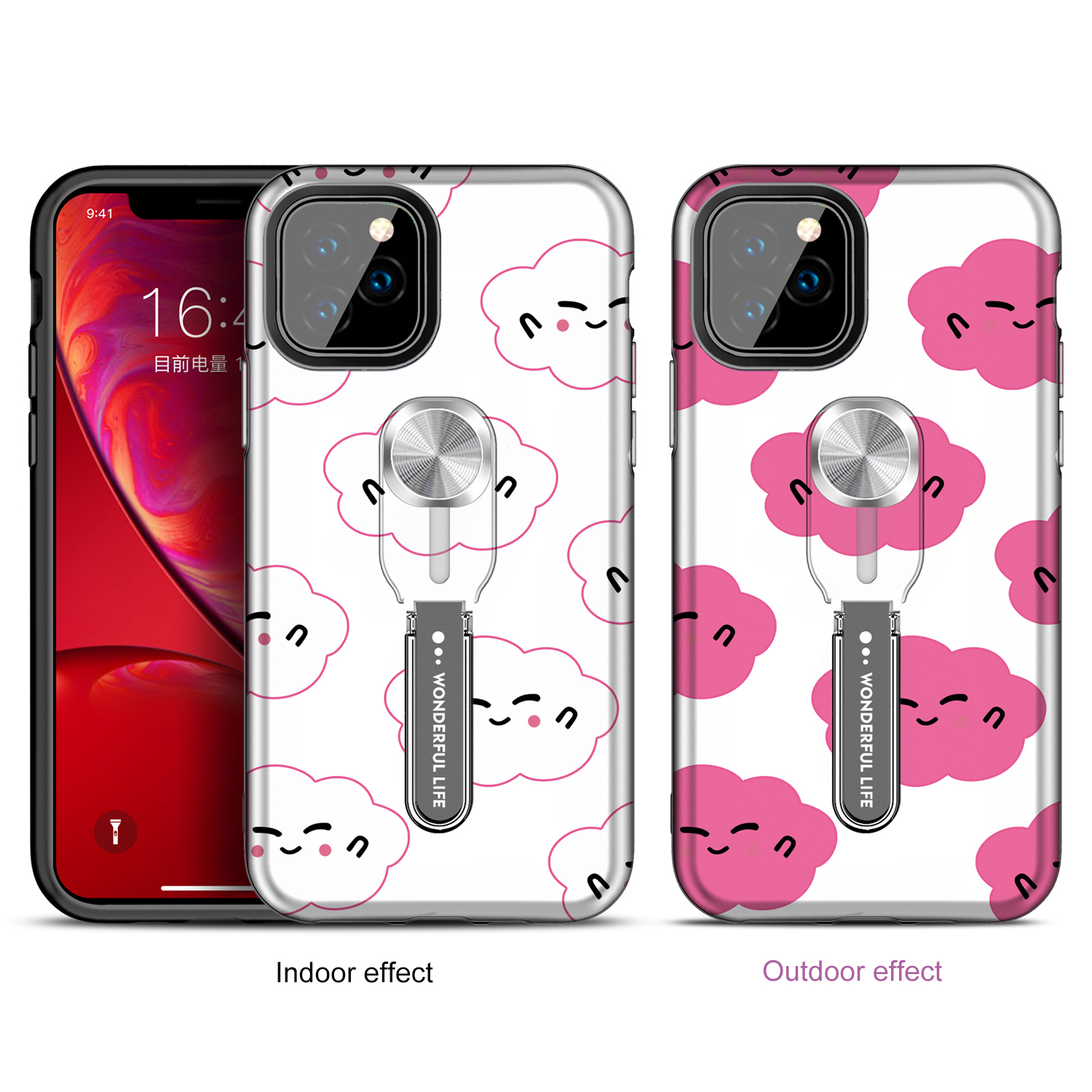 Color-changing Pattern Printing Kickstand Hybrid Case with Finger Ring Holder for iPhone 11 Pro Max 6.5 inch (2019) - Cloud-1