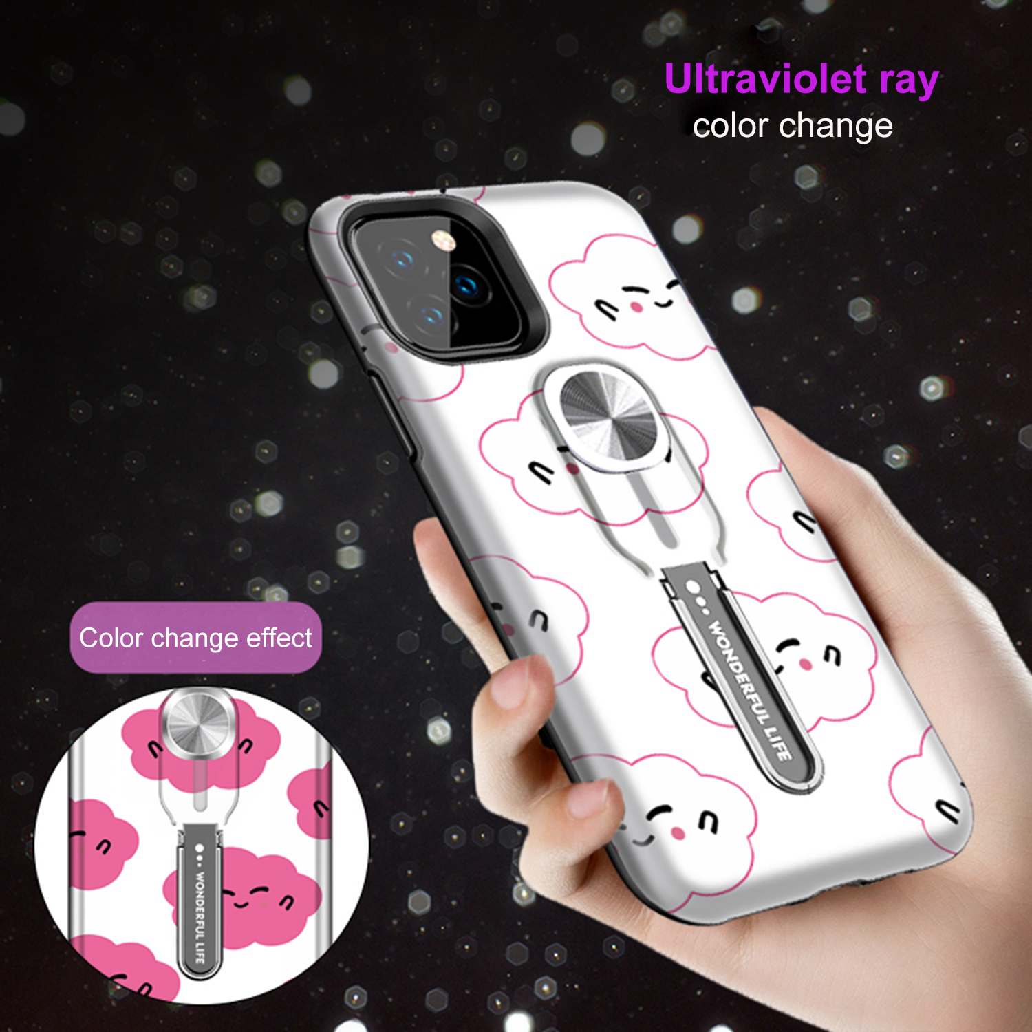 Color-changing Pattern Printing Kickstand Hybrid Case with Finger Ring Holder for iPhone 11 Pro Max 6.5 inch (2019) - Cloud-2