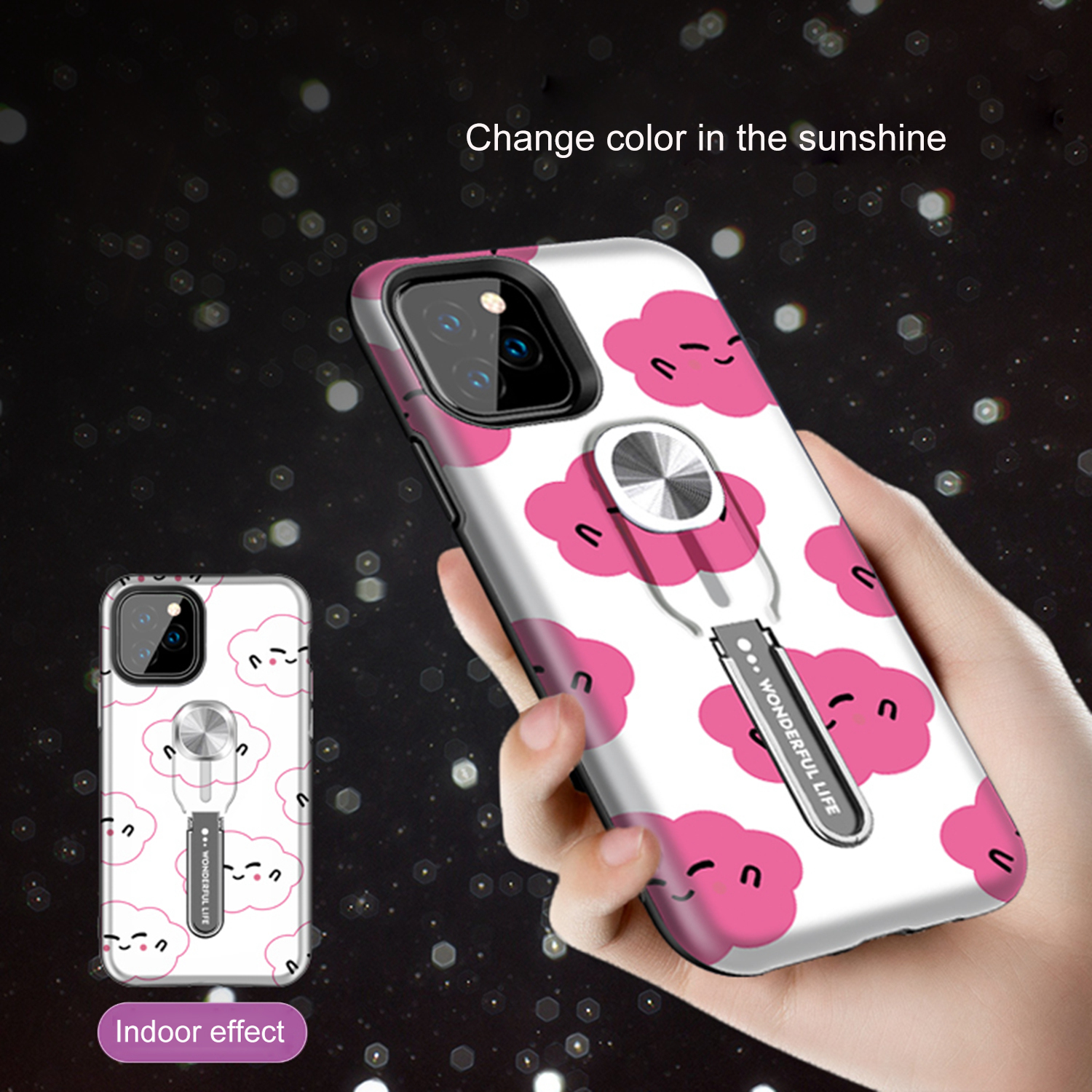 Color-changing Pattern Printing Kickstand Hybrid Case with Finger Ring Holder for iPhone 11 Pro Max 6.5 inch (2019) - Cloud-3