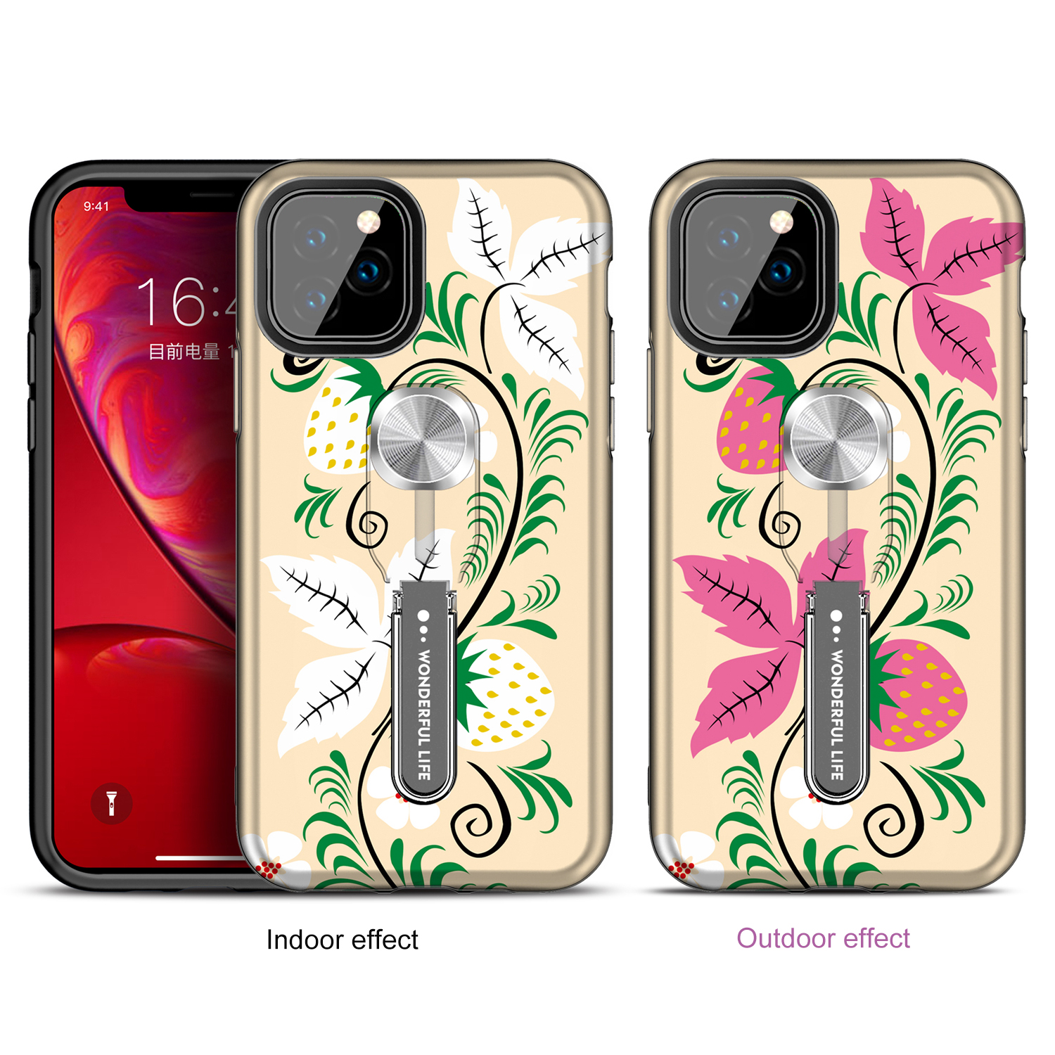 Color-changing Pattern Printing Kickstand Hybrid Case with Finger Ring Holder for iPhone 11 Pro Max 6.5 inch (2019) - Strawberry-1
