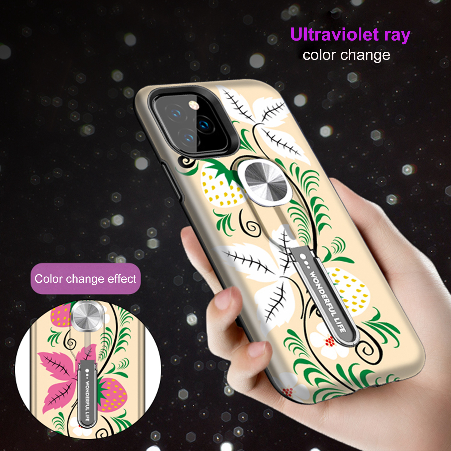 Color-changing Pattern Printing Kickstand Hybrid Case with Finger Ring Holder for iPhone 11 Pro Max 6.5 inch (2019) - Strawberry-2