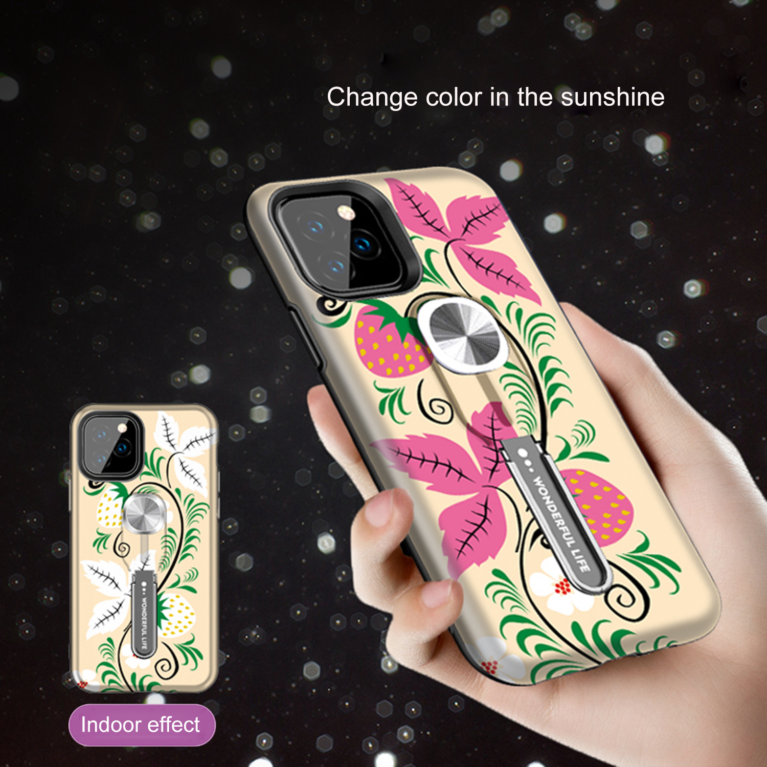 Color-changing Pattern Printing Kickstand Hybrid Case with Finger Ring Holder for iPhone 11 Pro Max 6.5 inch (2019) - Strawberry-3