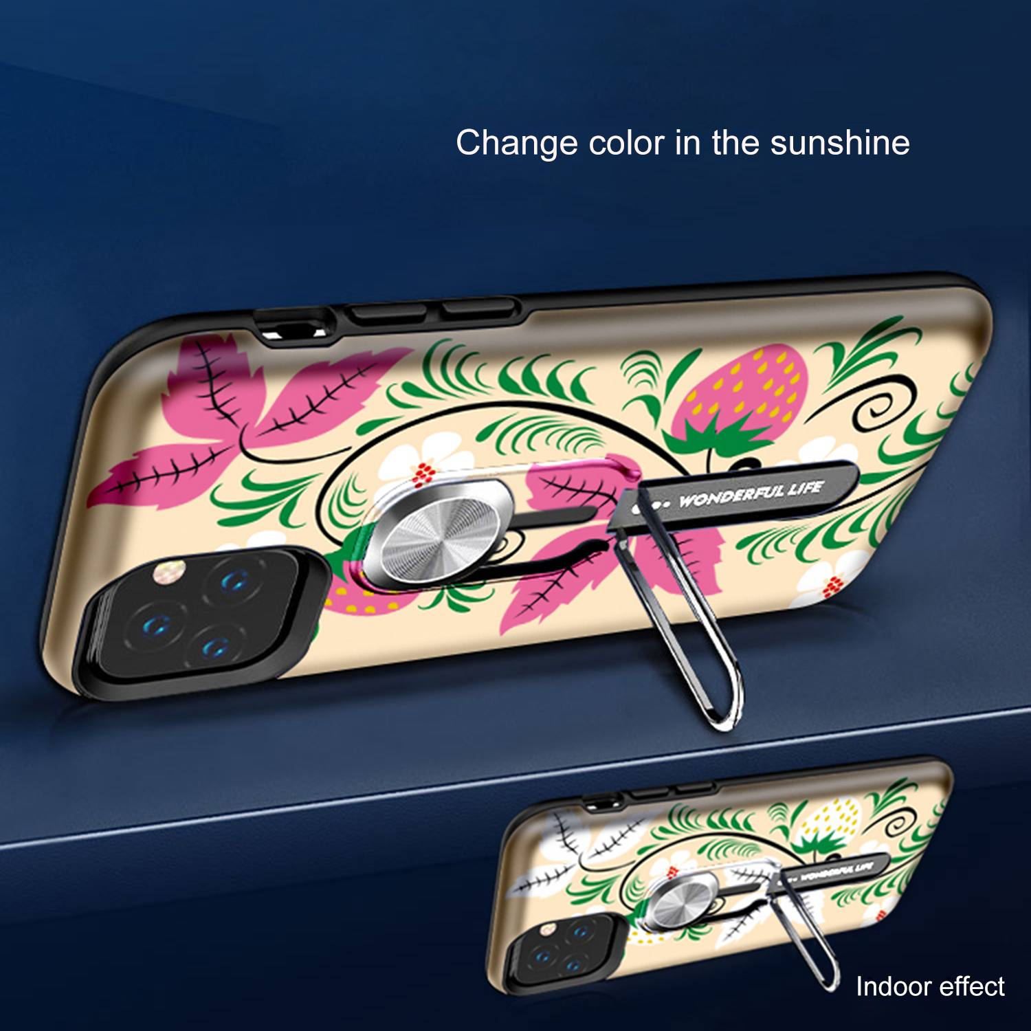 Color-changing Pattern Printing Kickstand Hybrid Case with Finger Ring Holder for iPhone 11 Pro Max 6.5 inch (2019) - Strawberry-4