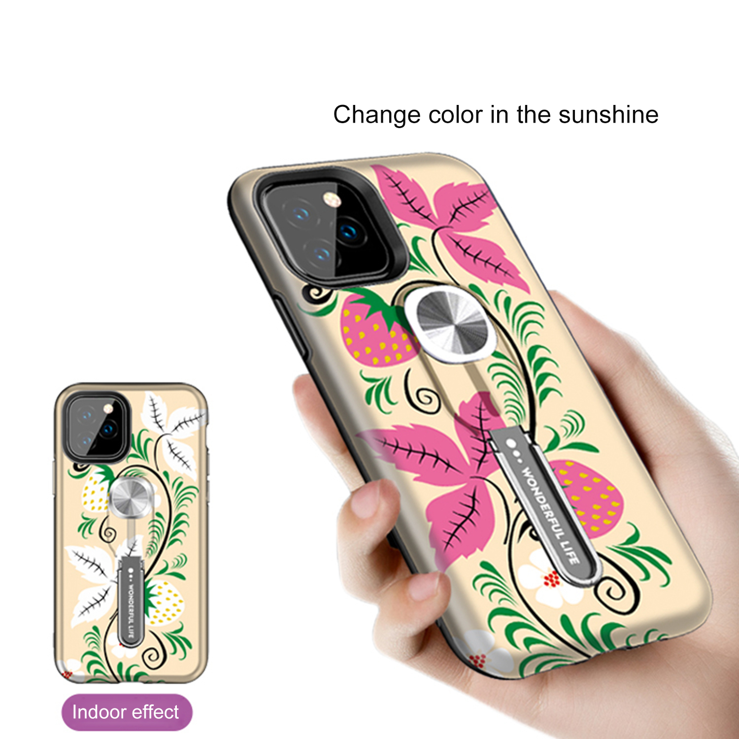 Color-changing Pattern Printing Kickstand Hybrid Case with Finger Ring Holder for iPhone 11 Pro Max 6.5 inch (2019) - Strawberry-5