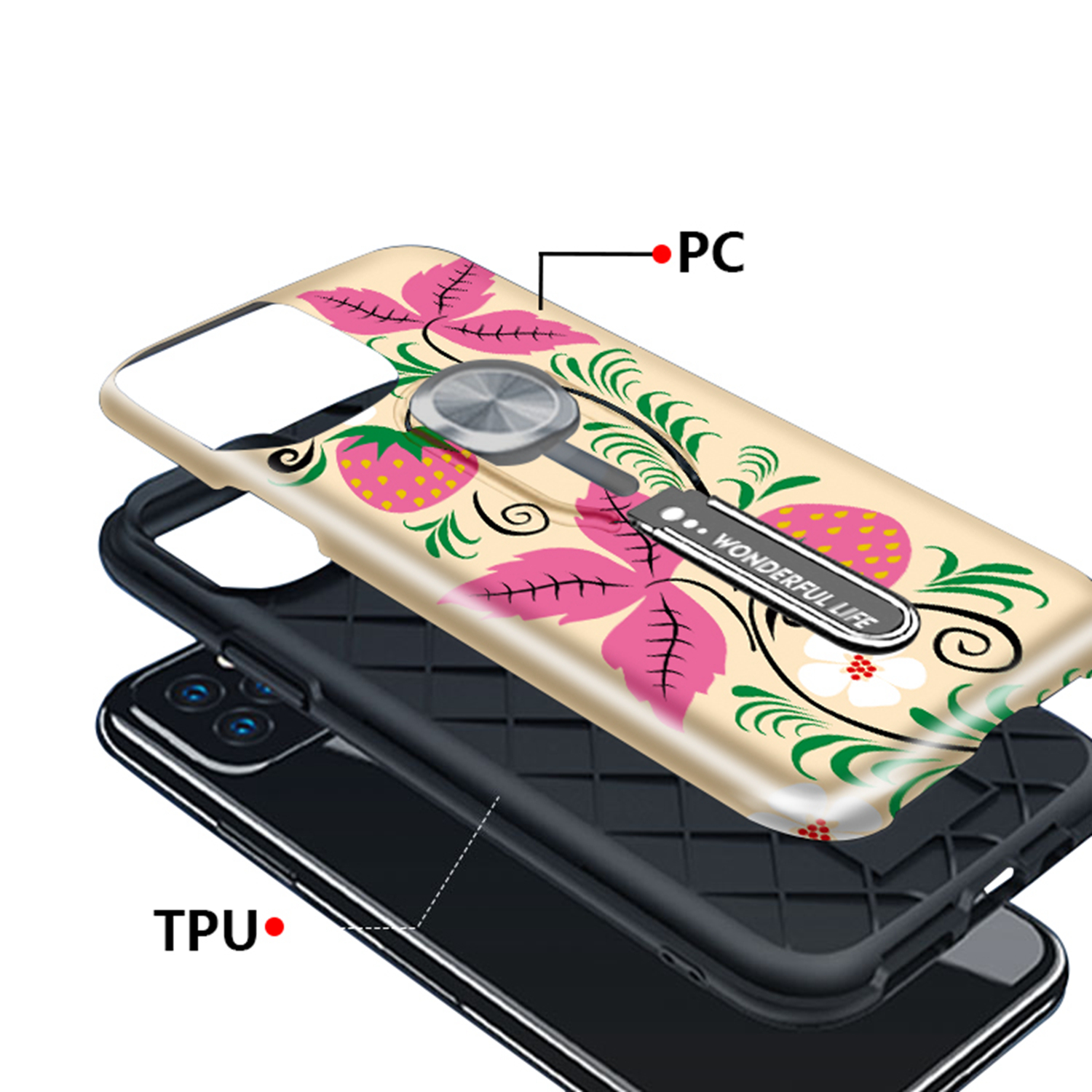Color-changing Pattern Printing Kickstand Hybrid Case with Finger Ring Holder for iPhone 11 Pro Max 6.5 inch (2019) - Strawberry-7