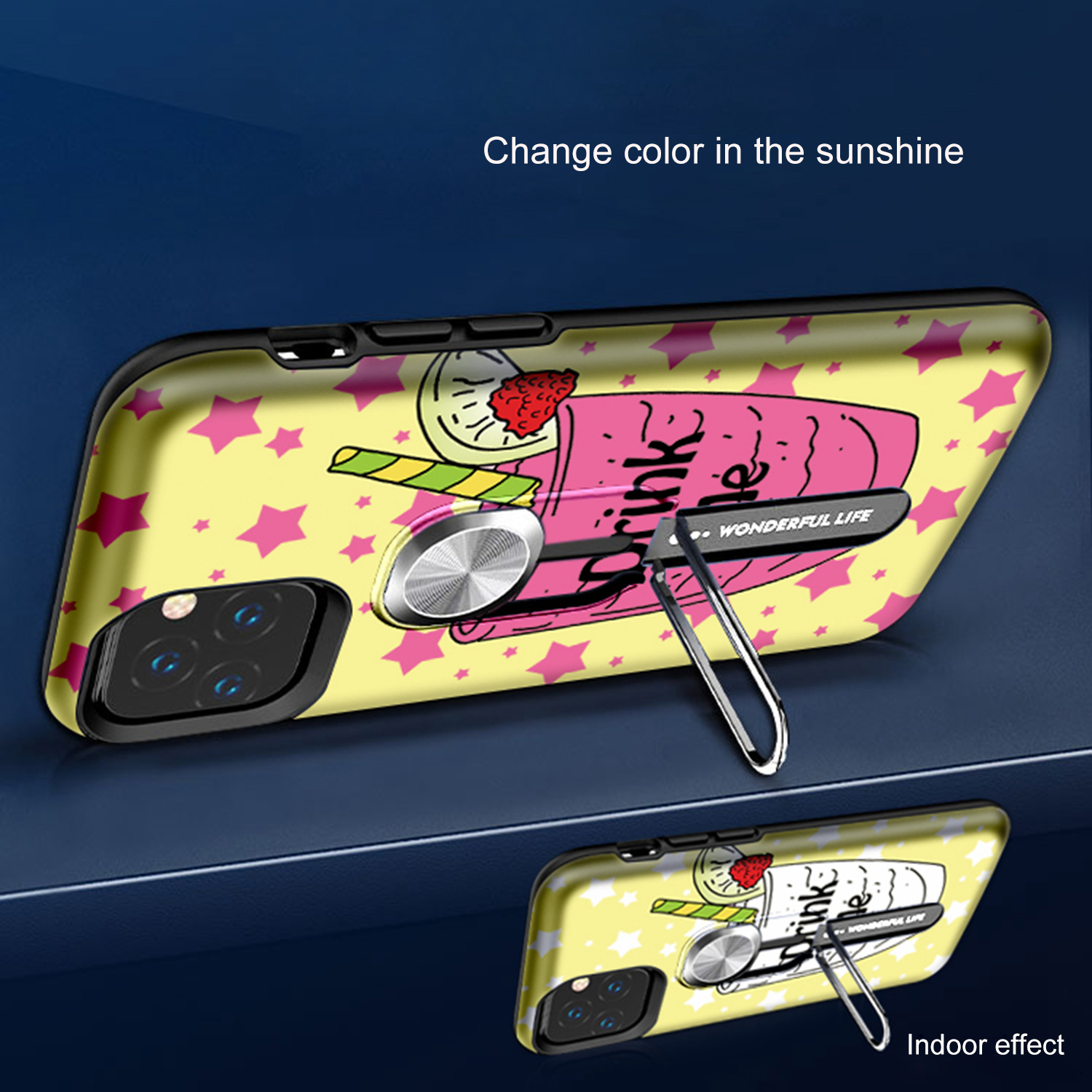 Color-changing Pattern Printing Kickstand Hybrid Case with Finger Ring Holder for iPhone 11 Pro Max 6.5 inch (2019) - Drink-4