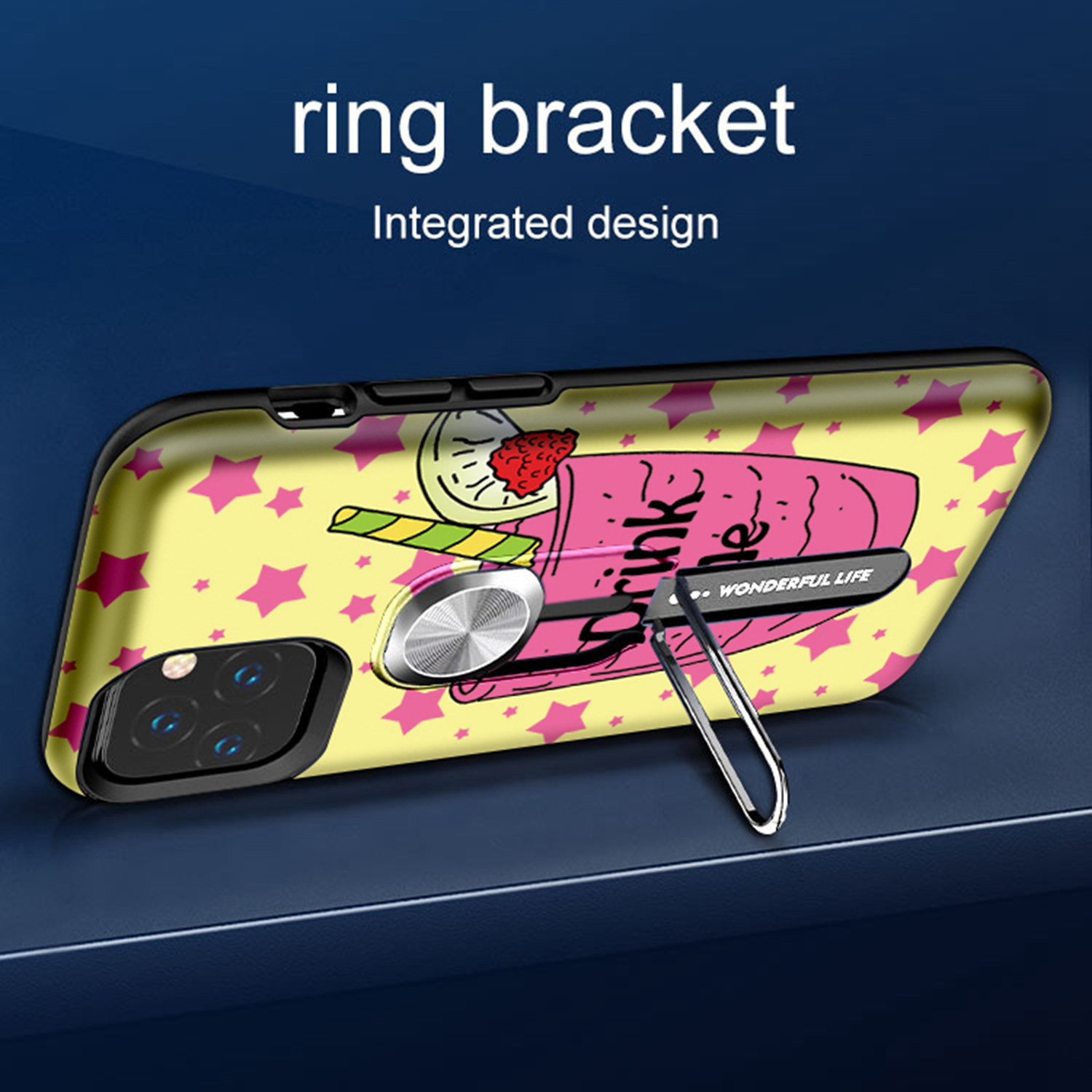 Color-changing Pattern Printing Kickstand Hybrid Case with Finger Ring Holder for iPhone 11 Pro Max 6.5 inch (2019) - Drink-9