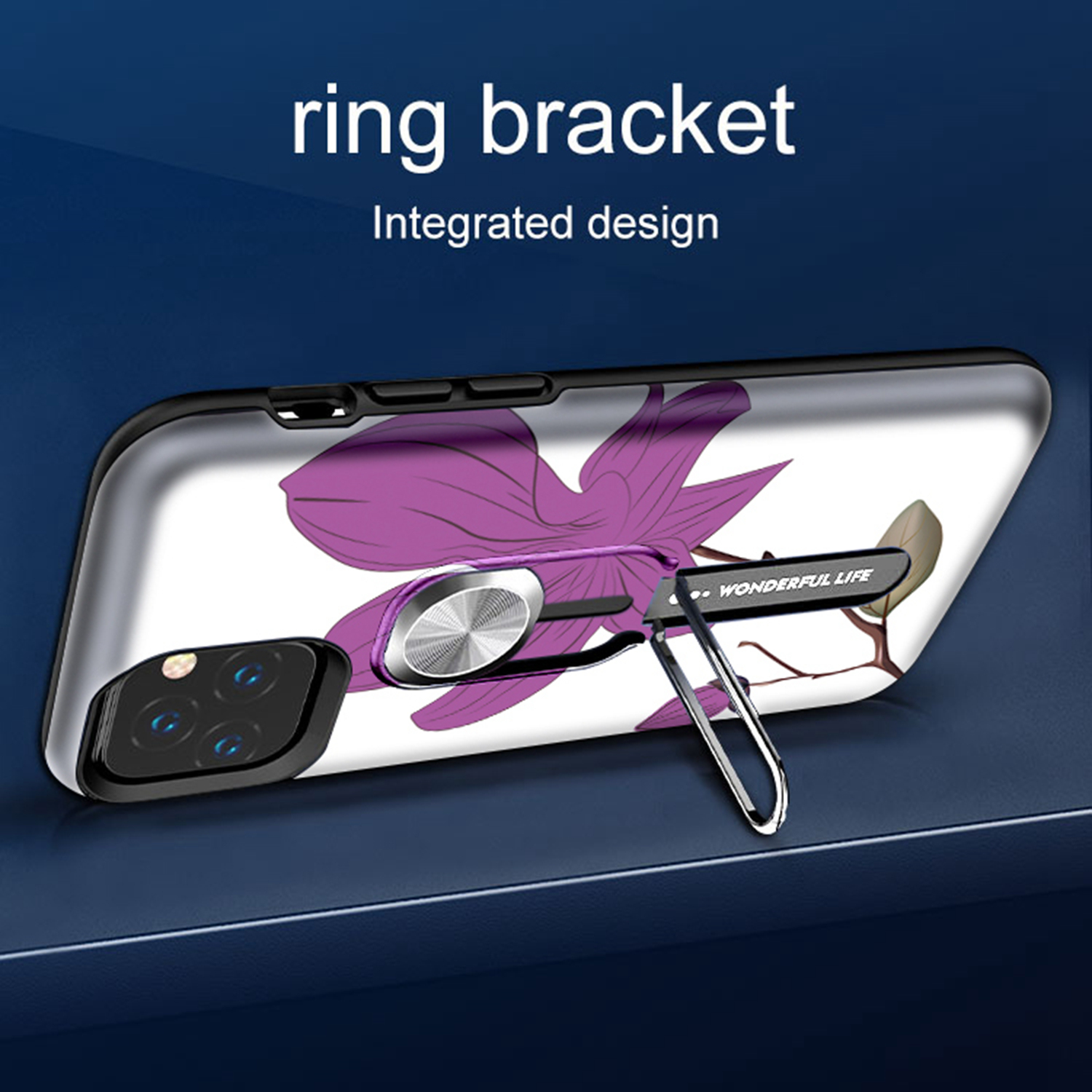 Color-changing Pattern Printing Kickstand Hybrid Case with Finger Ring Holder for iPhone 11 Pro Max 6.5 inch (2019) - Purple Flower-9